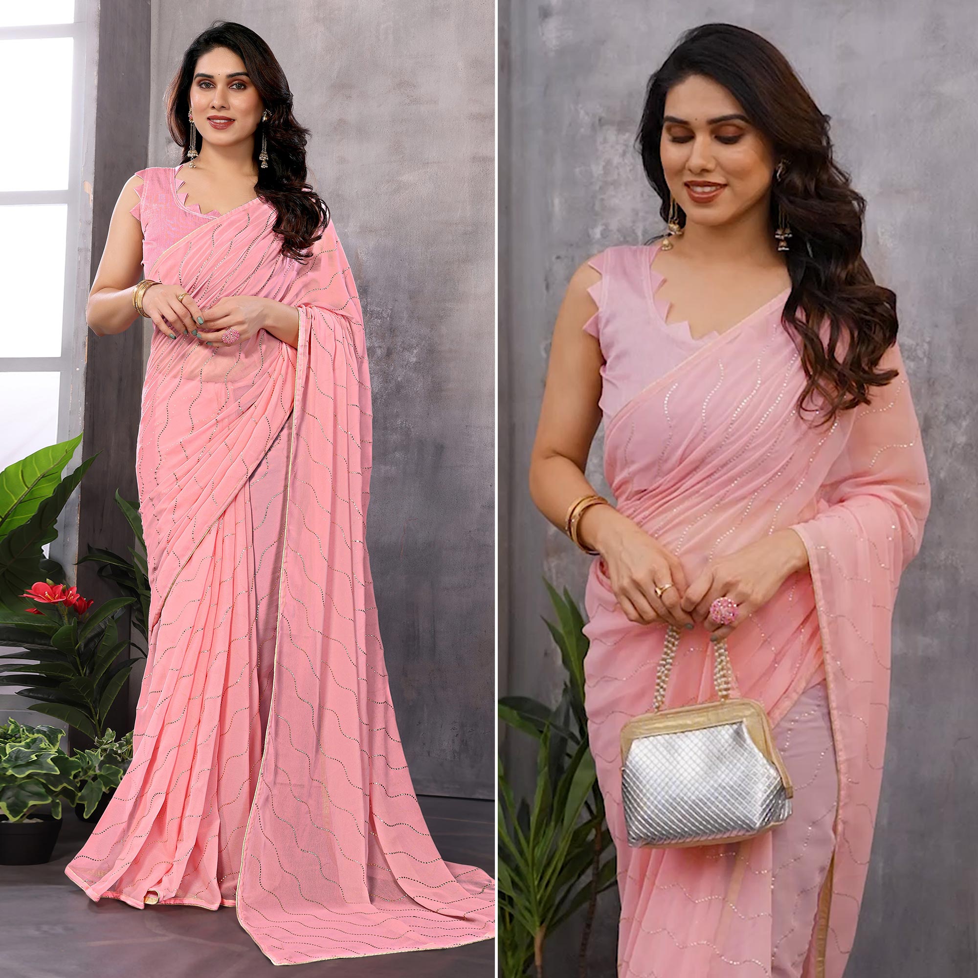 Peachmode Rose Pink Swarovski Work Embroidered Georgette Saree