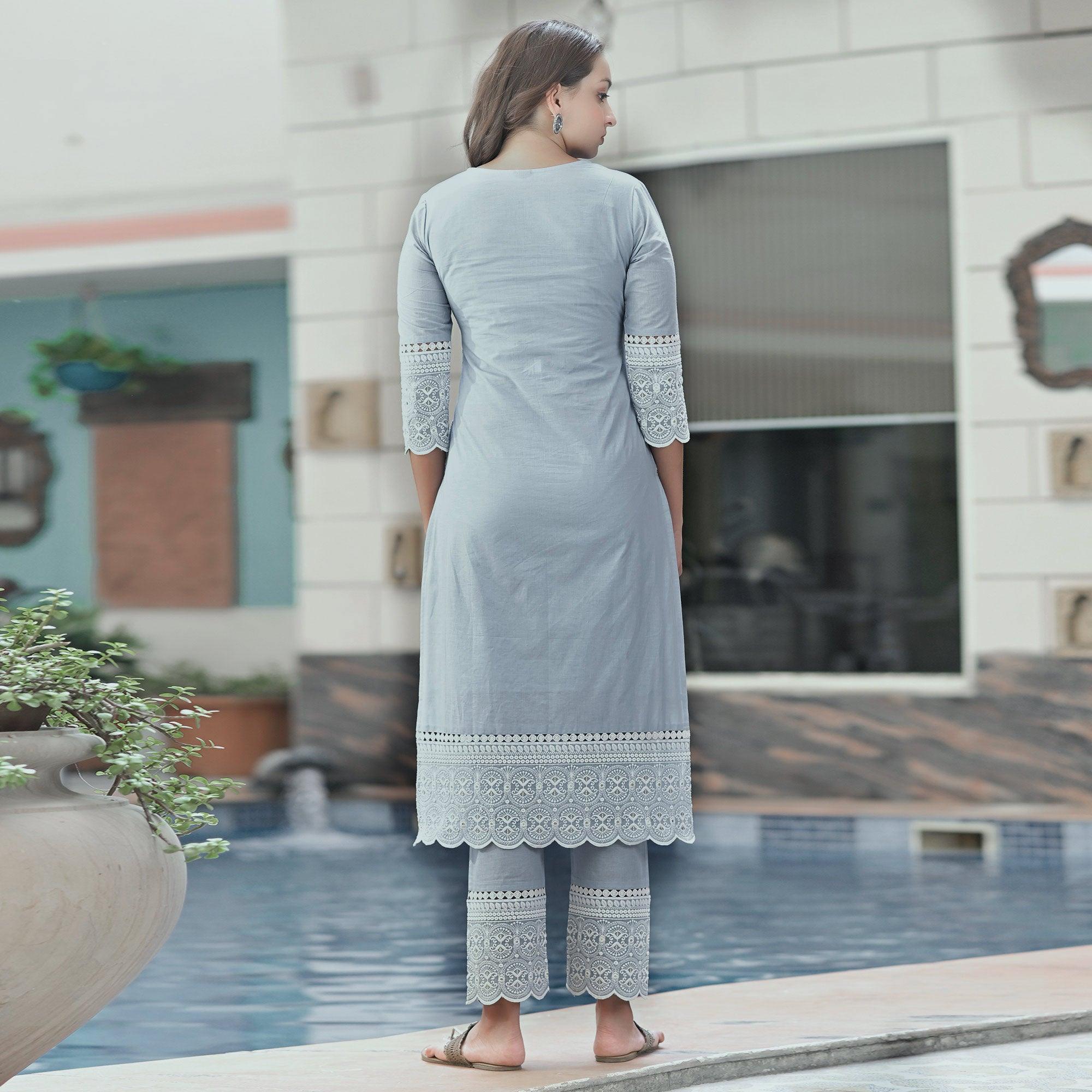 Peachmode Light Blue Lucknowi Embroidered Pure Cotton Kurti Pant Set with Dupatta - view 5