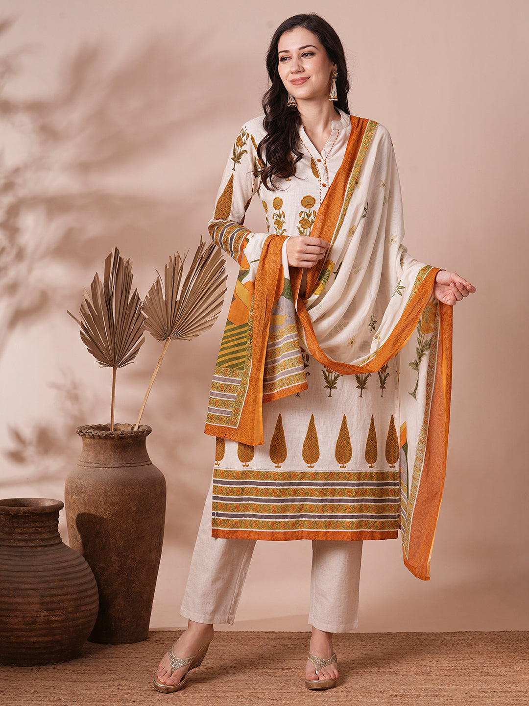 FASHOR Ethnic Printed Straight Fit Cotton Flax Kurta with Pant and Dupatta - Off White - view 2