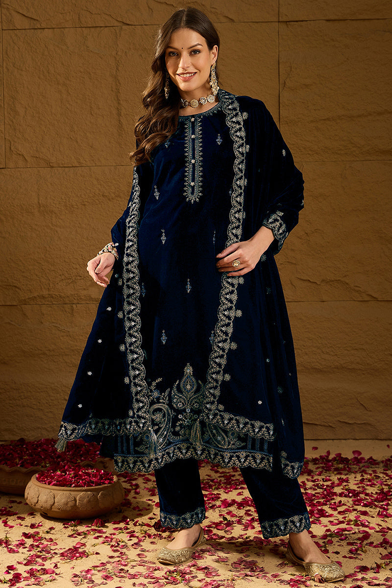 Ahika Blue Velvet Solid Embroidered Straight Trousers Suit Set PKSKD2277 - view 2