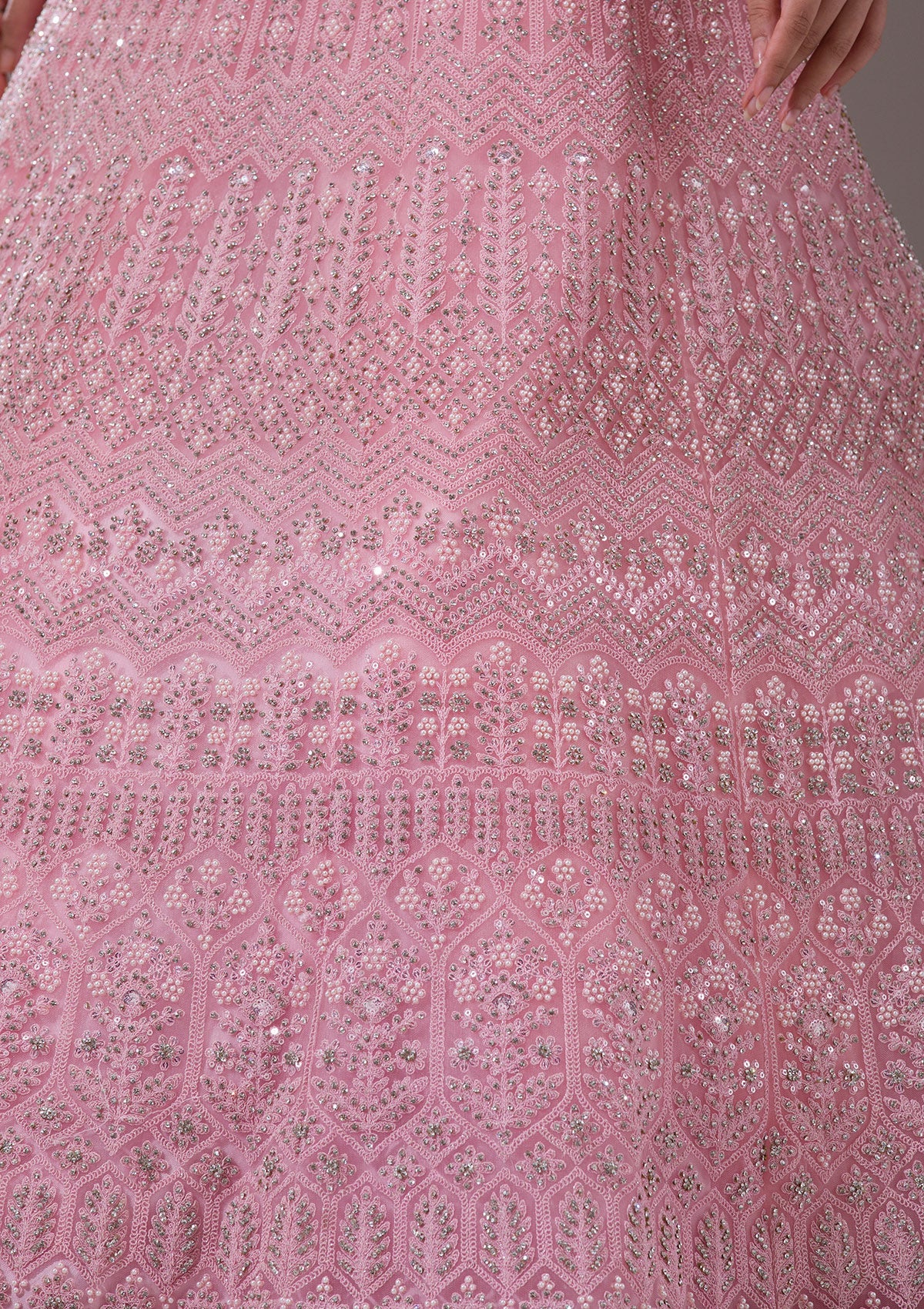 Koskii Baby Pink Silver Stonework Net Readymade Lehenga - view 6