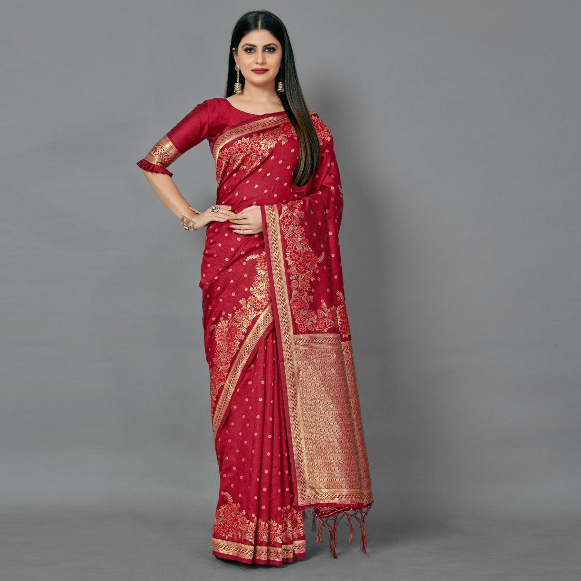 Peachmode Maroon Casual Silk Blend Printed Saree With Unstitched Blouse