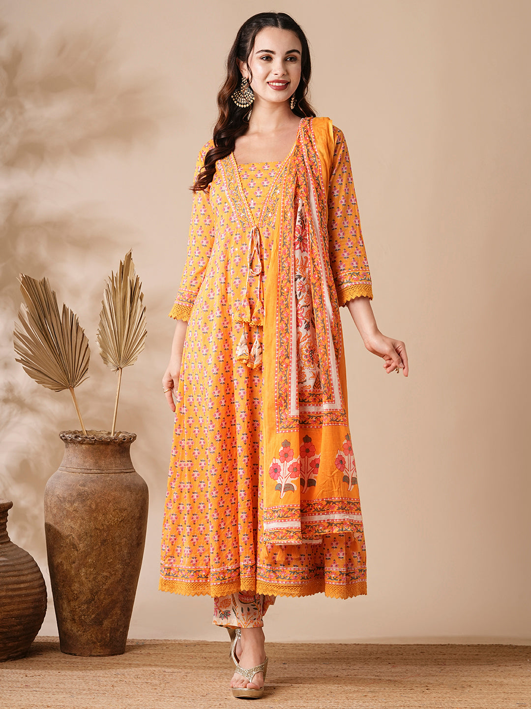 Fashor Floral Printed & Beads Embroidered Anarkali with Pant & Pure Cotton Dupatta - Yellow - view 3