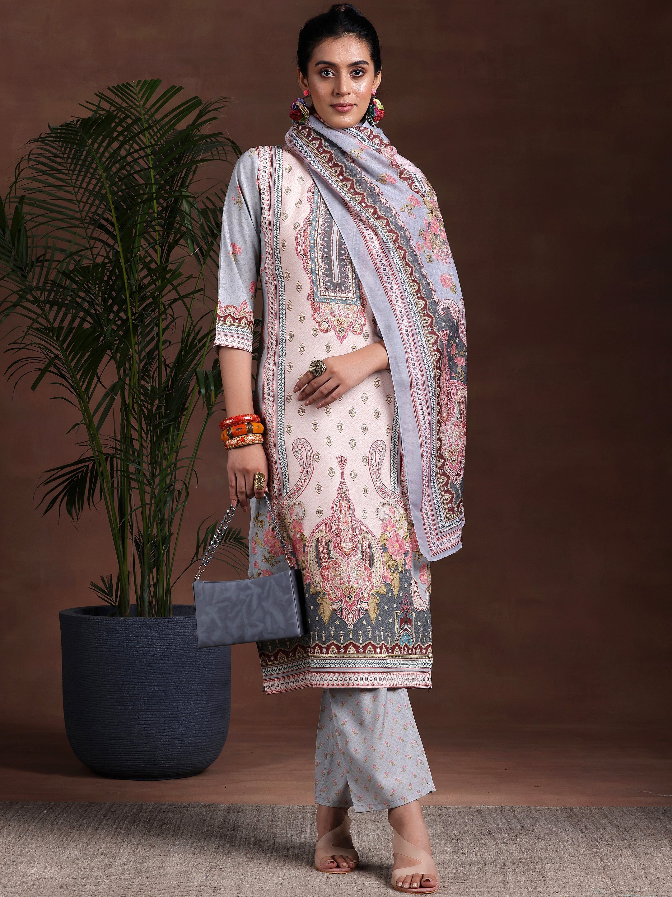Libas Grey Printed Poly Crepe Straight Suit With Dupatta
