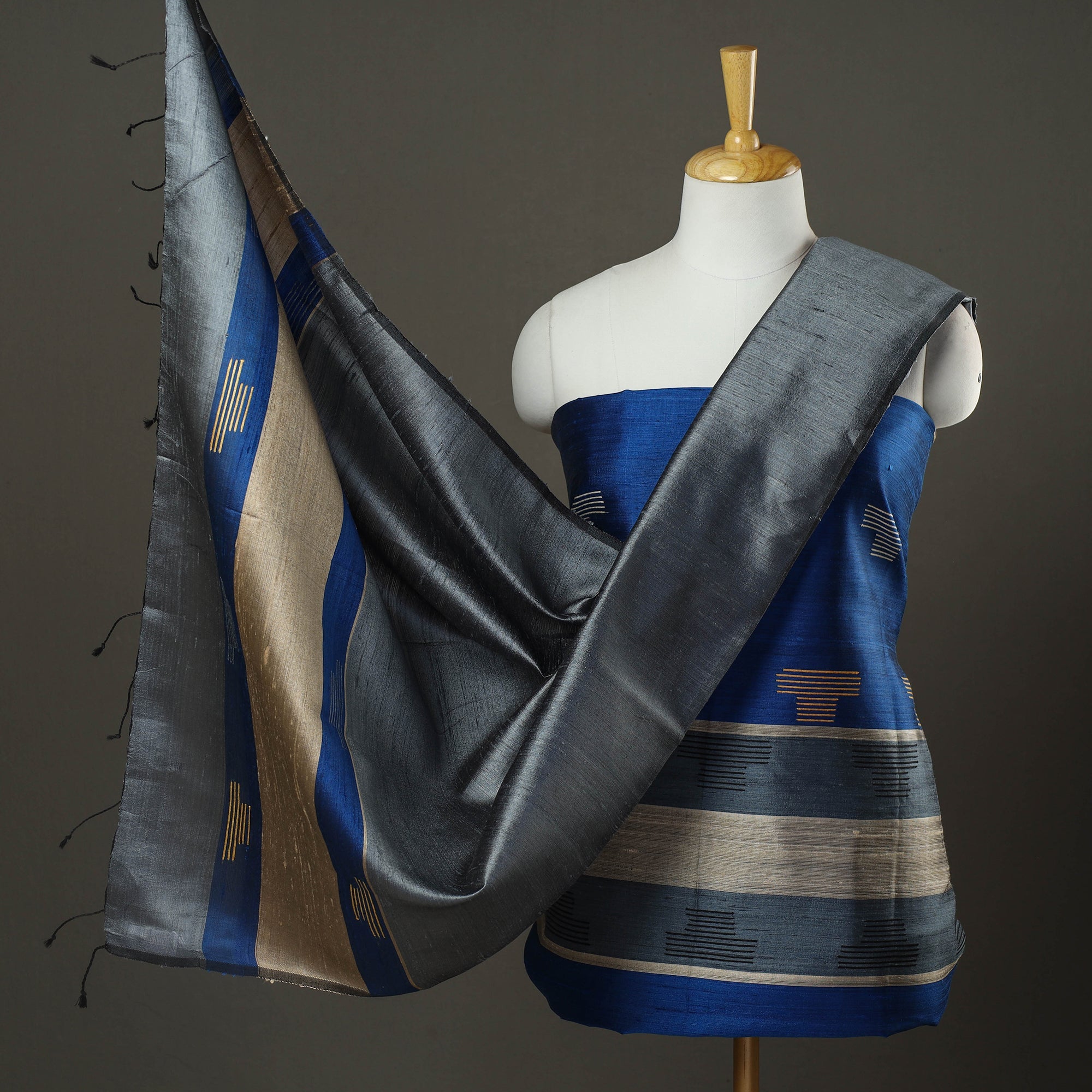 ITOKRI CRAFTS INITIATIVE Blue - 3pc Bhagalpuri Tussar Silk Dress Material Set 05