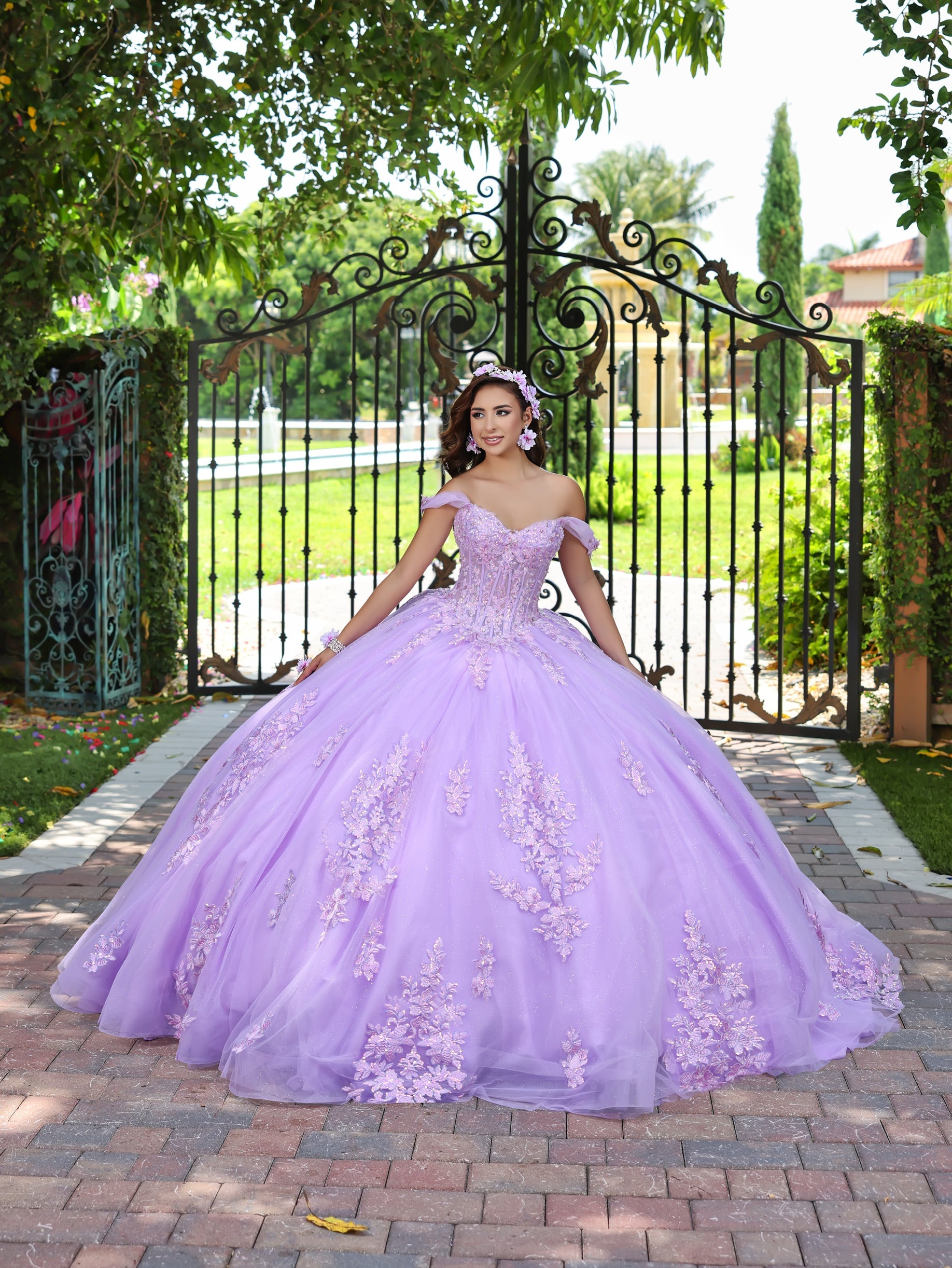 House of Wu Fiesta Gowns 3D Floral Off Shoulder Ball Gown by LizLuo Fiesta 56529