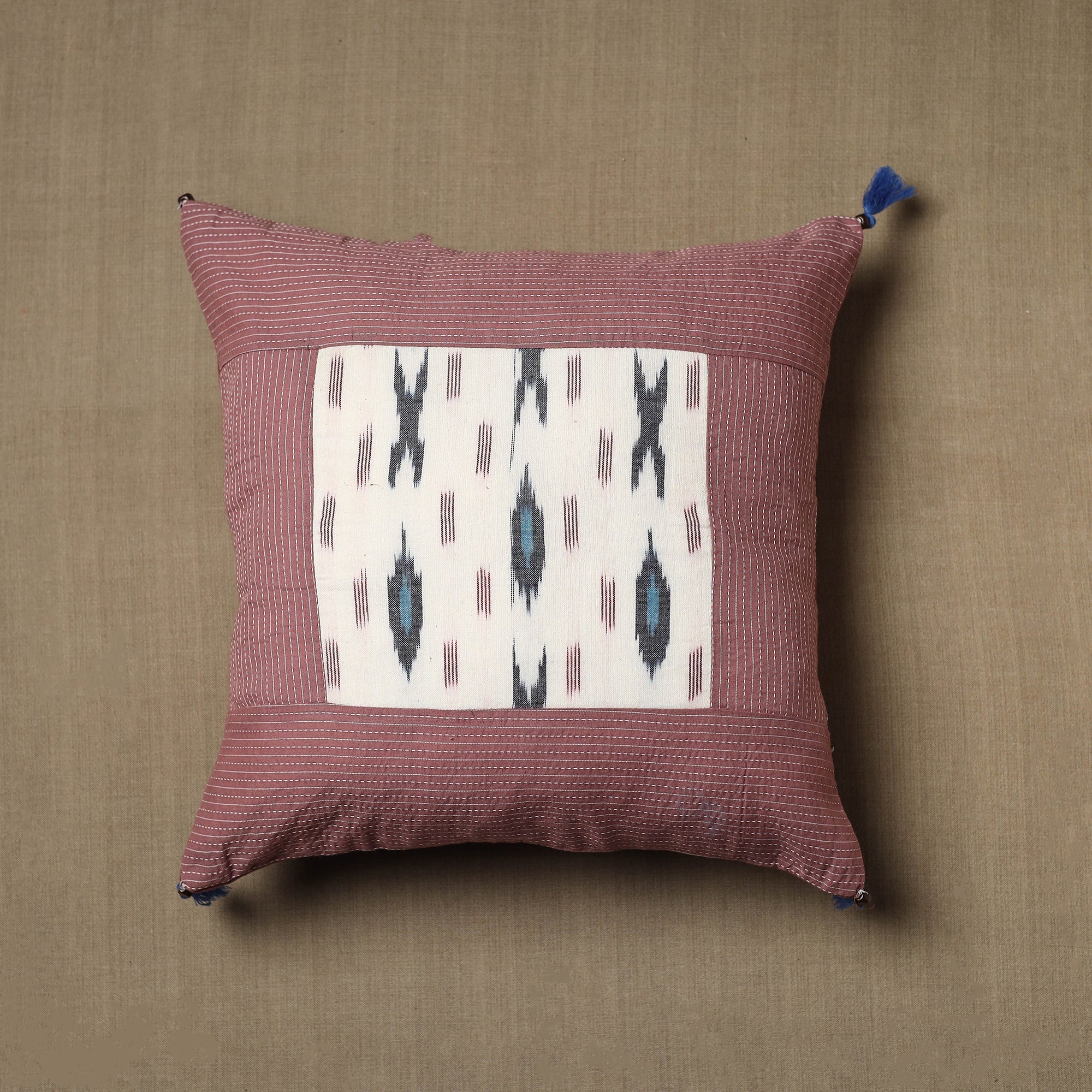 NOORI BAZAR Brown - Kantha Stitch Ikat Cotton Cushion Cover (16 x 16 in) 01