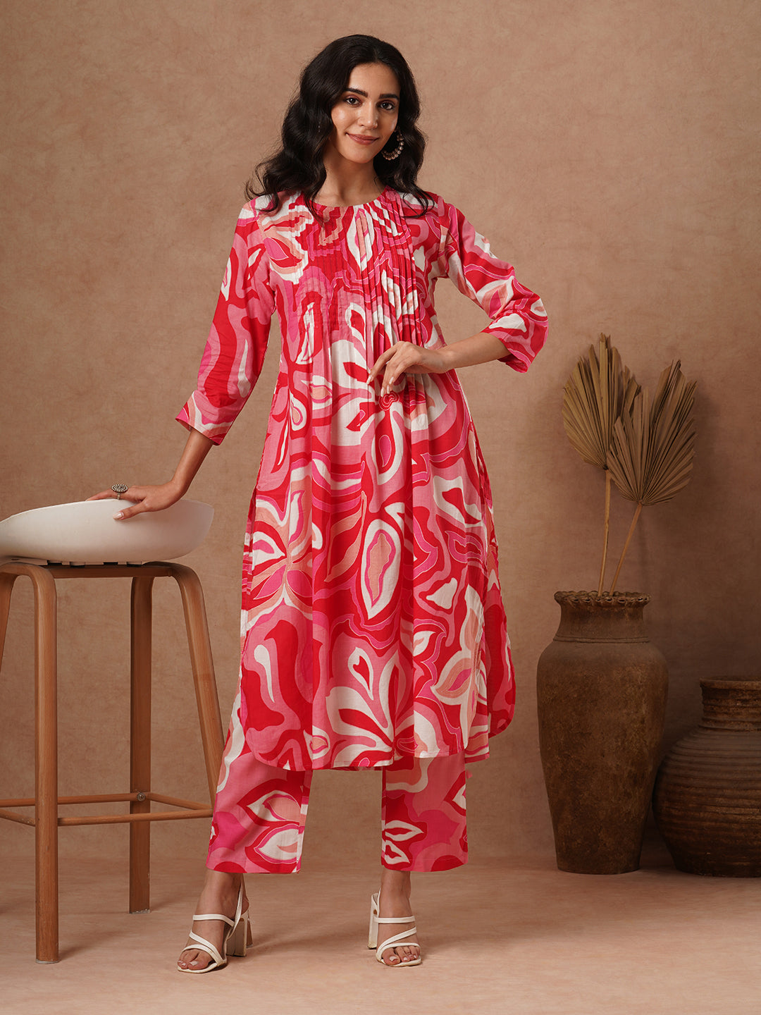 FASHOR Abstract Printed A-Line Pin Tucked Co-ord Set - Pink