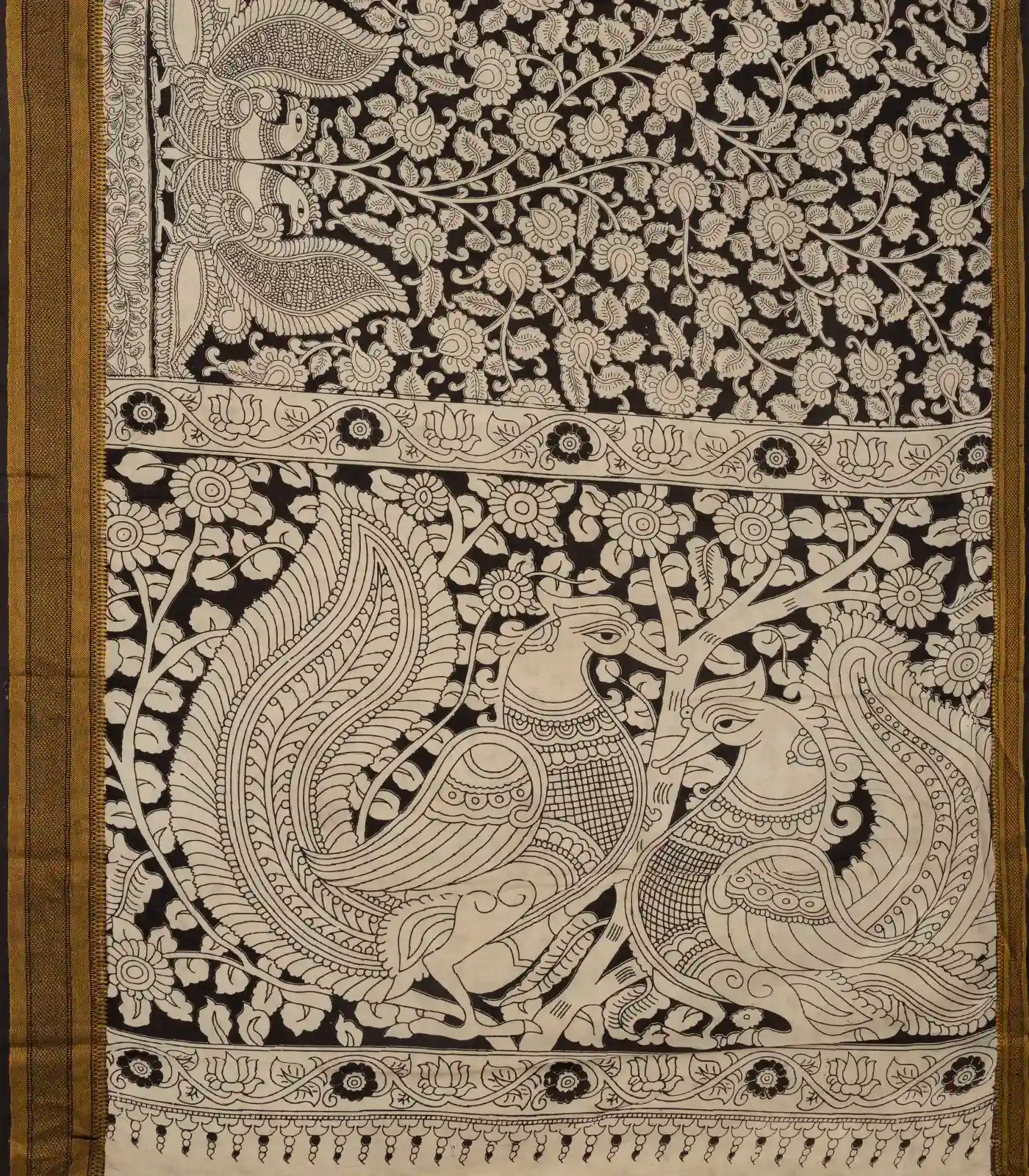 RmKV Black Handloom Kalamkari Cotton Saree With Printed Annam Motifs - view 2