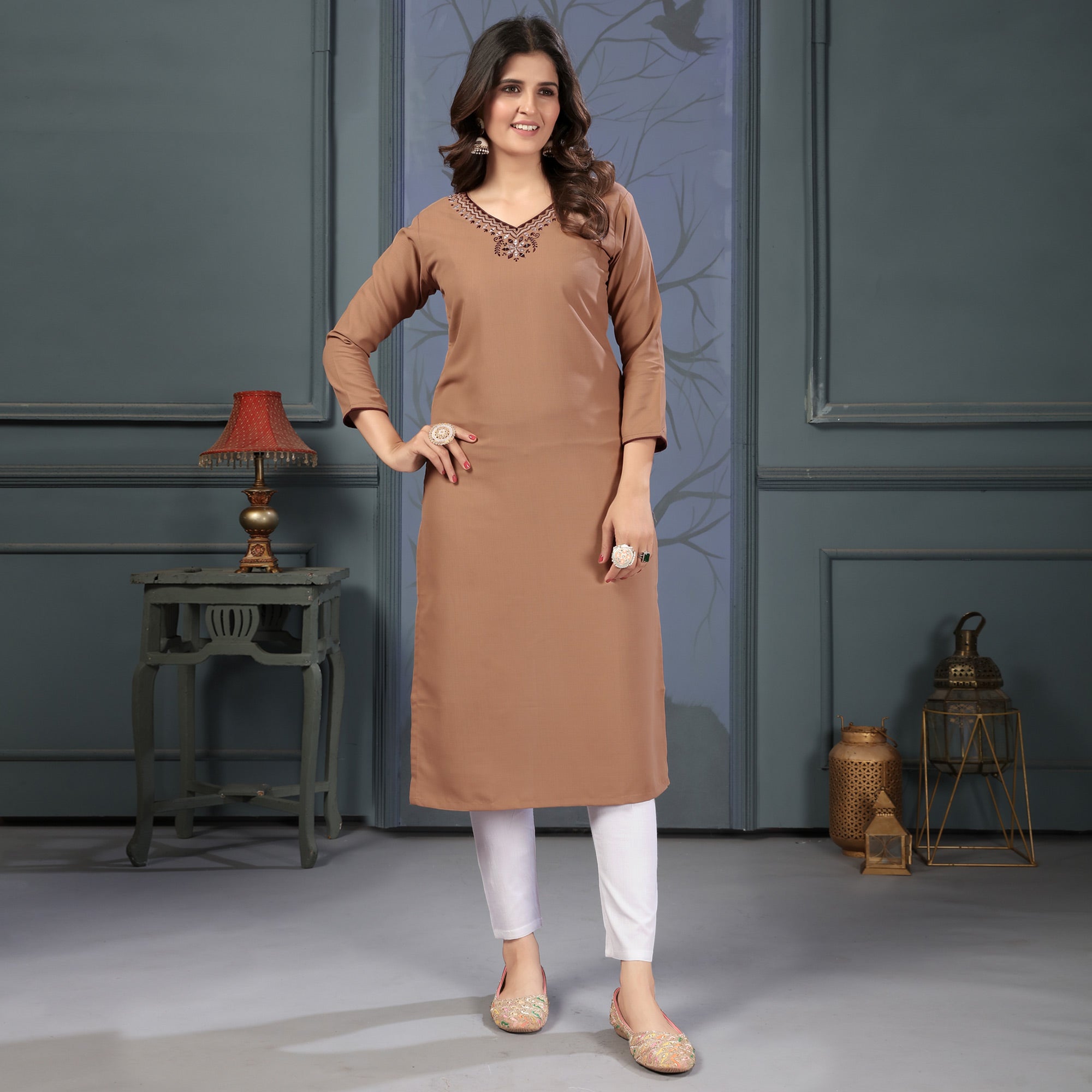 Peachmode Seller Brown Solid With Mirror Embroidered Cotton Blend Kurti - view 2