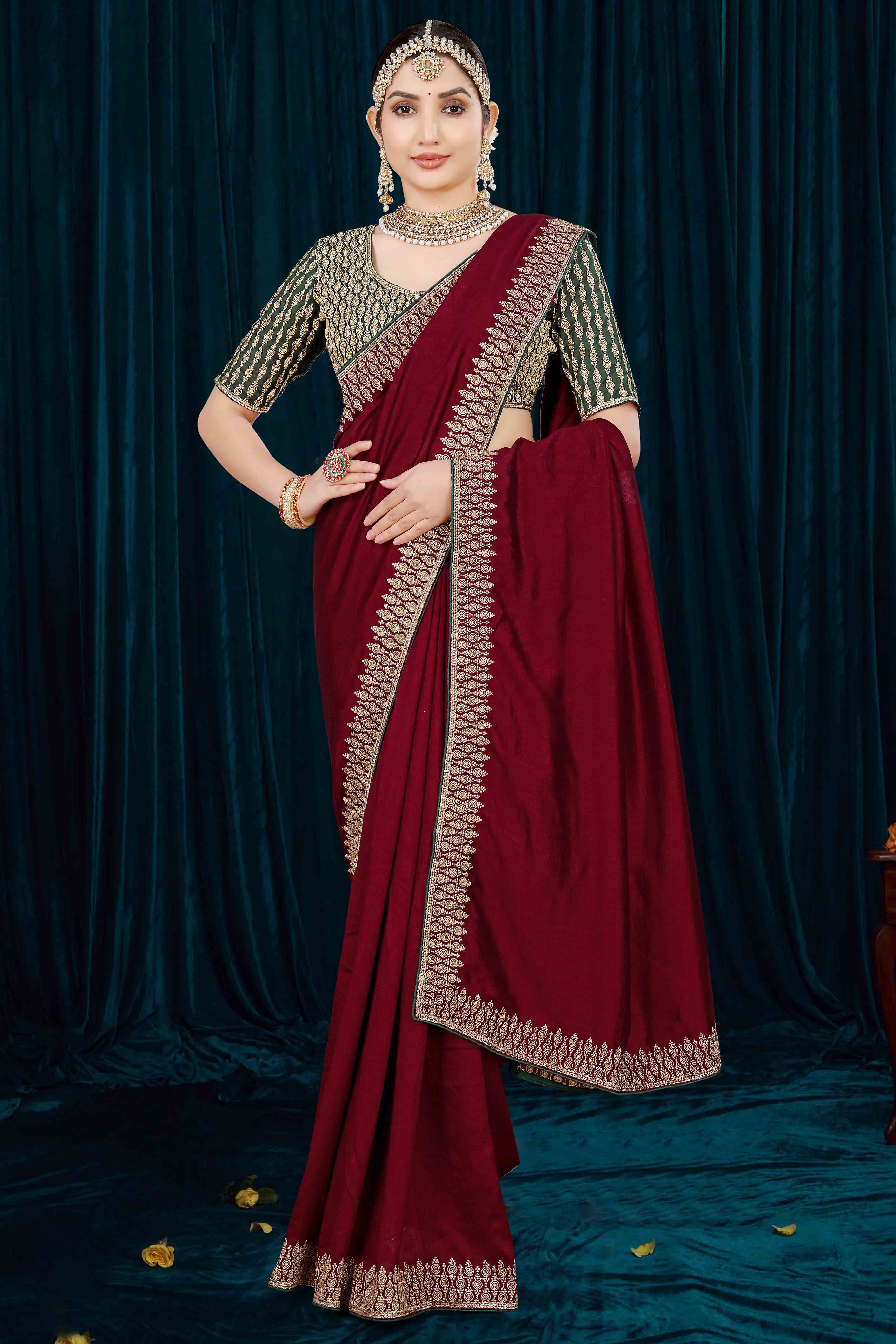 Peachmode Maroon Solid With Zari Embroidered Vichitra Silk Saree