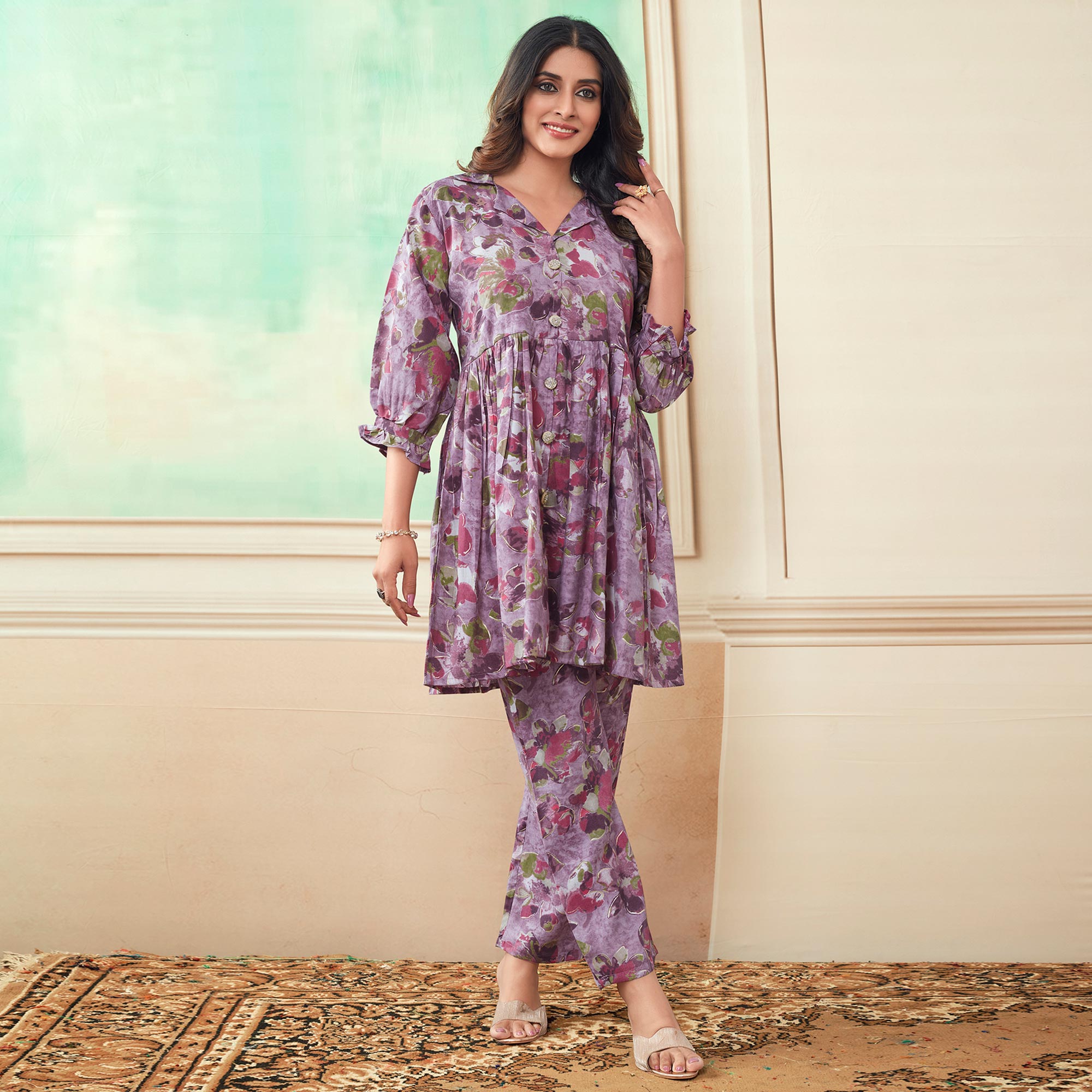 Peachmode Lavender Floral Foil Printed Chanderi Silk Co Ord Set - view 2