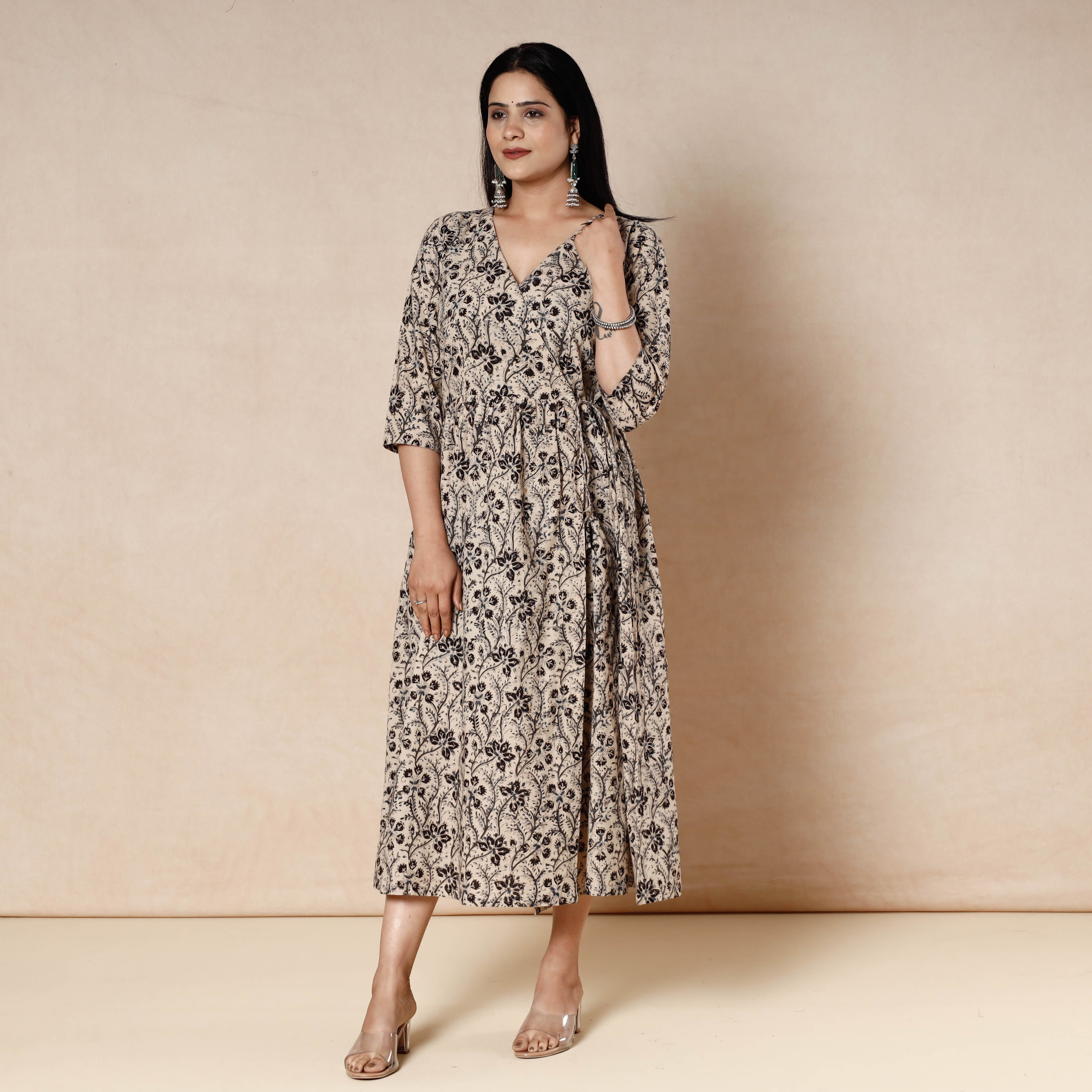 ITOKRI CASUALS Beige - Kalamkari Block Printed Cotton Flared Dress
