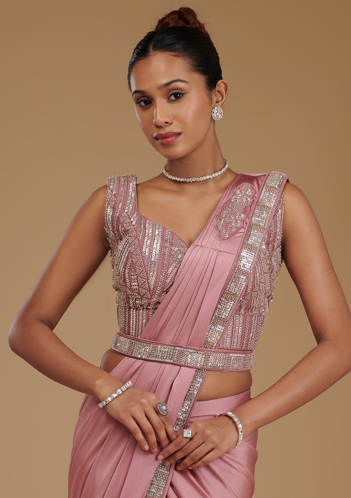 Koskii Onion Pink Cutdana Satin Readymade Saree - view 2