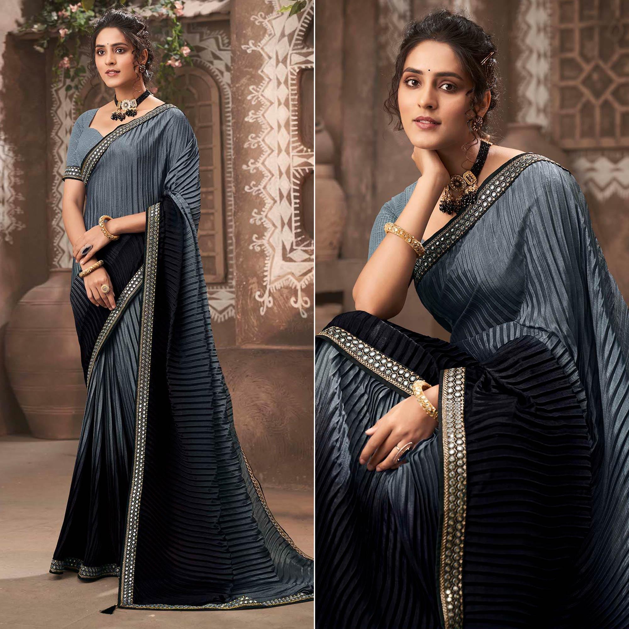Peachmode Grey-Black Partywear Crushed Chiffon Saree with Fancy Lace