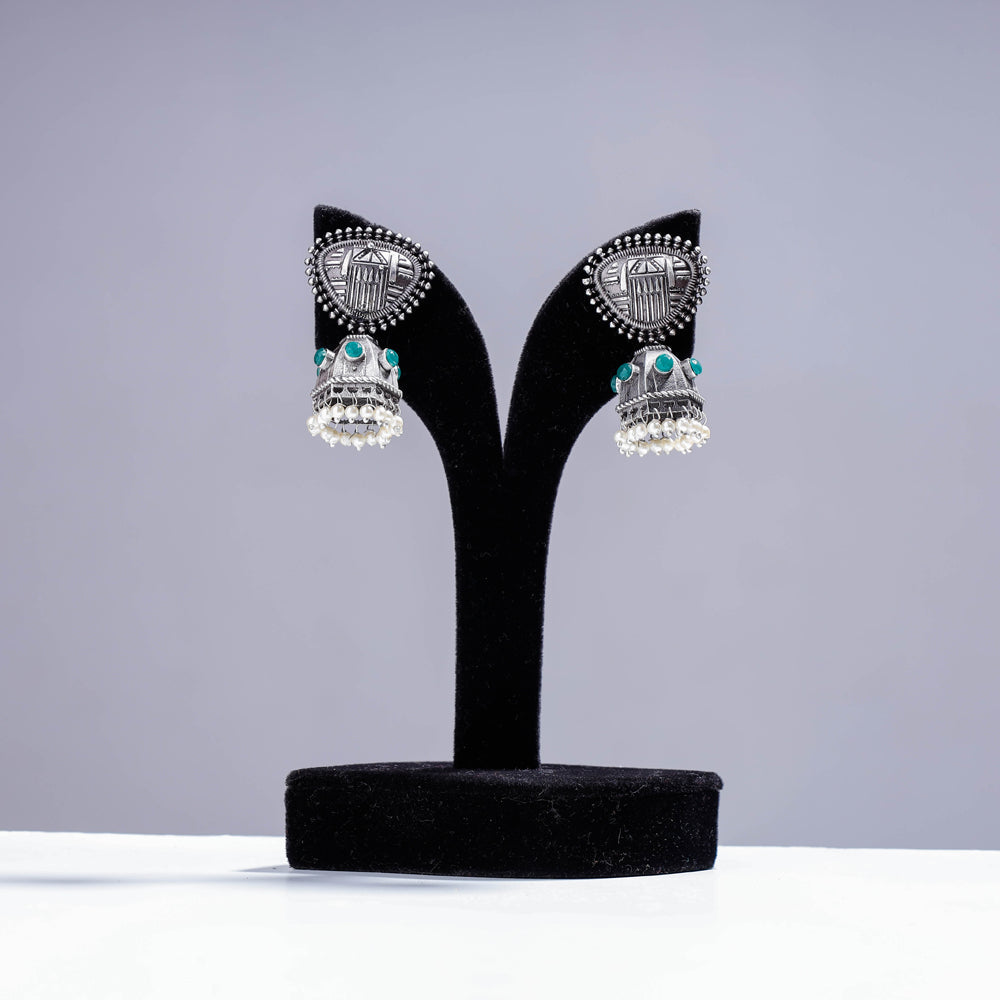 WHITE RIVER STORIES Antique Silver Finish Oxidised Brass Base Jhumki Earrings