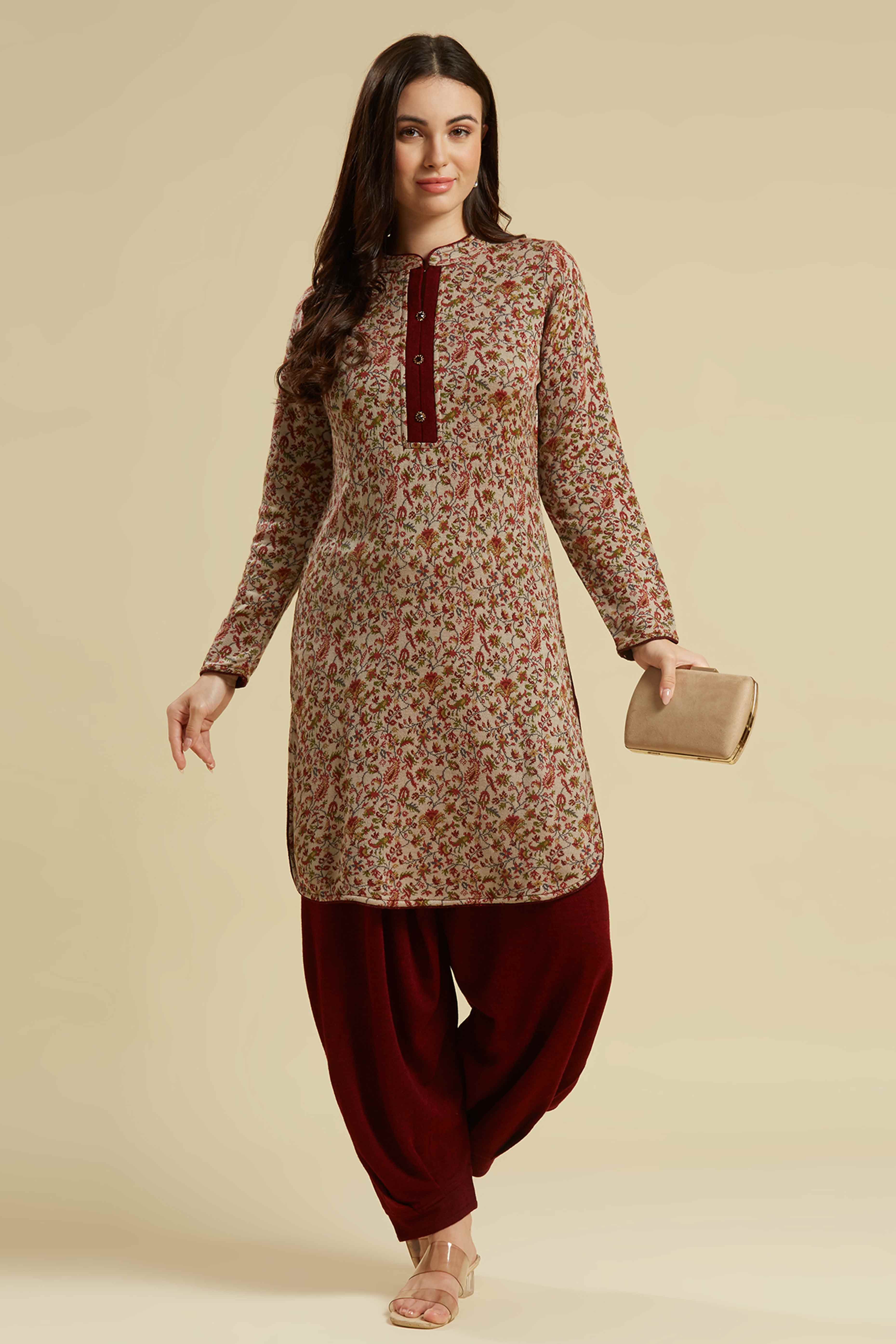 Peachmode Chikoo Woven Woolen Straight Top Bottom Set