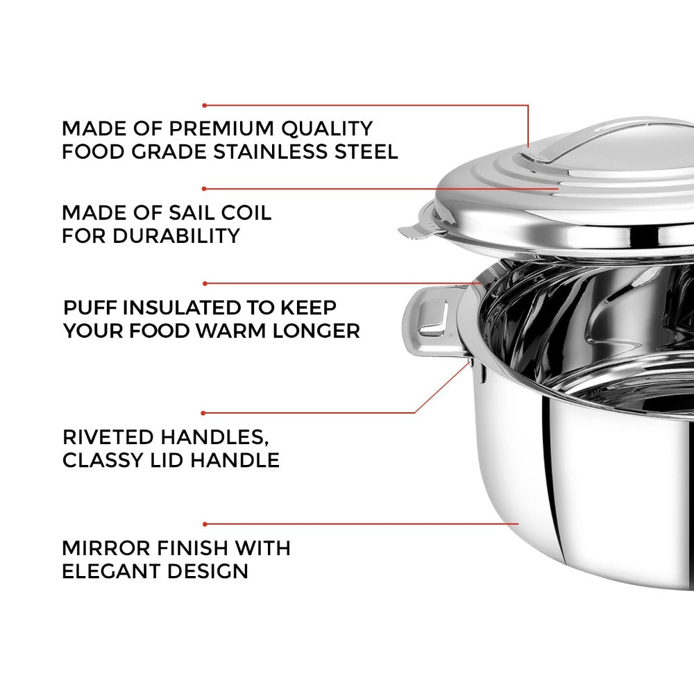 AVIAS Platina Premium Casserole Gift Set 1000 ML + 1500 ML + 2500 ML | Riveted Handles | PUF Insulated | Silver | Set of 3 Pcs - view 3