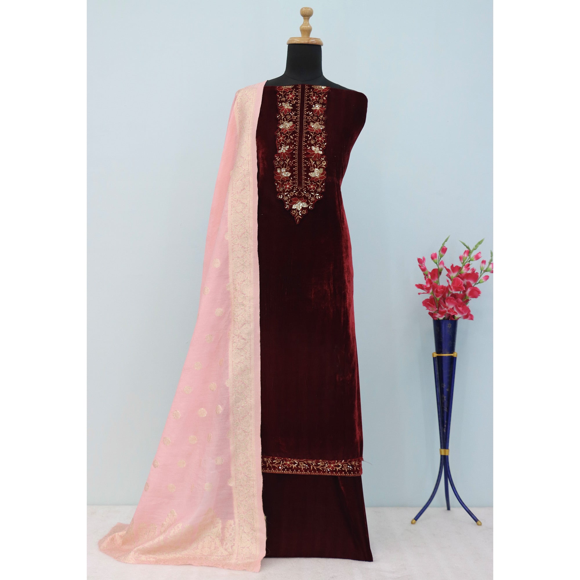 Peachmode Brown Embroidered Velvet Semi-Stitched Salwar Suit - view 4