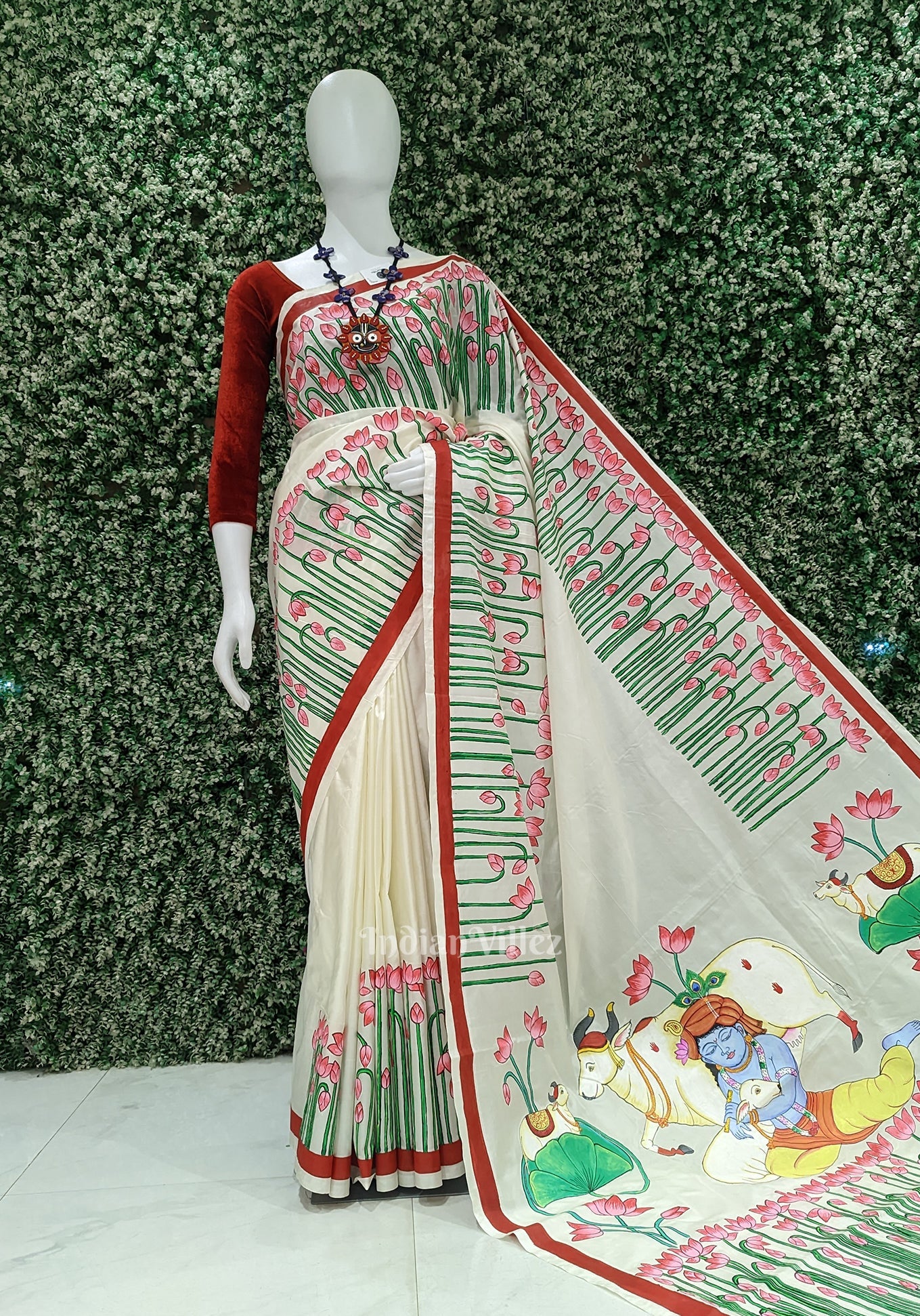 IndianVillèz Off White Pichwai Pattachitra Silk Saree