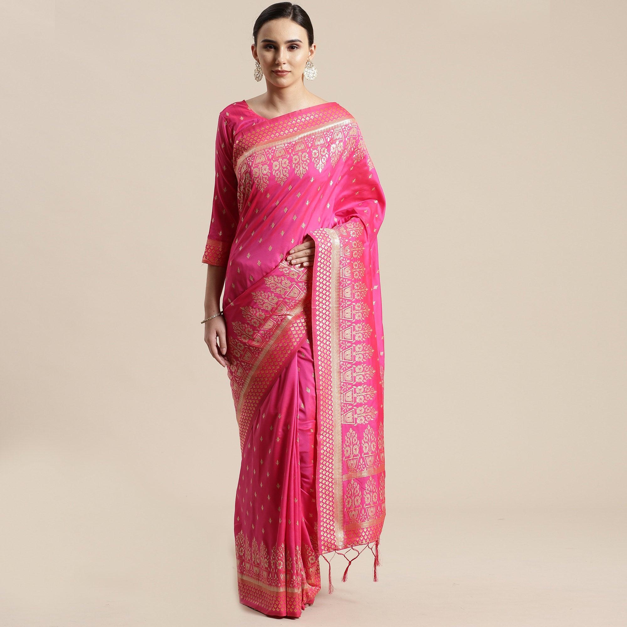 Peachmode Lovely Pink Colored Festive Wear Silk Blend Woven Floral Saree With Tassels