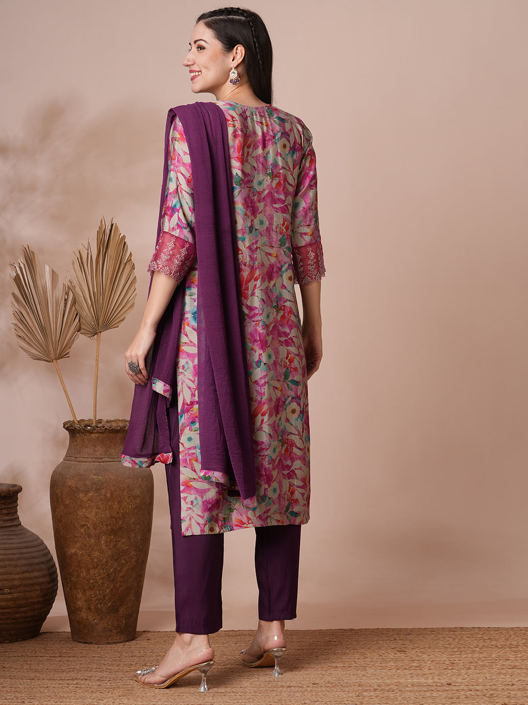 FASHOR Floral Printed & Embroidered Straight Fit Kurta with Pant and Dupatta - Pink - view 6