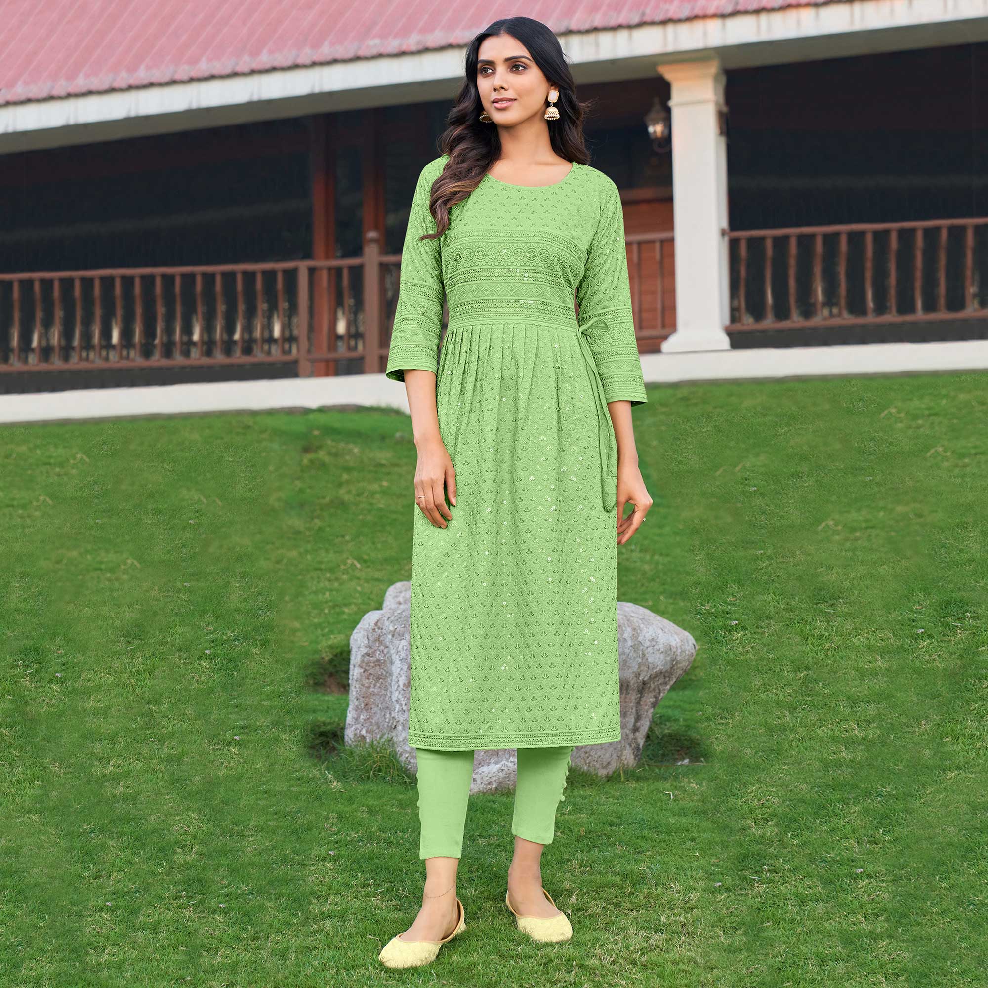 Peachmode Seller Mint Green Sequins Embroidered Rayon Naira Cut Kurti