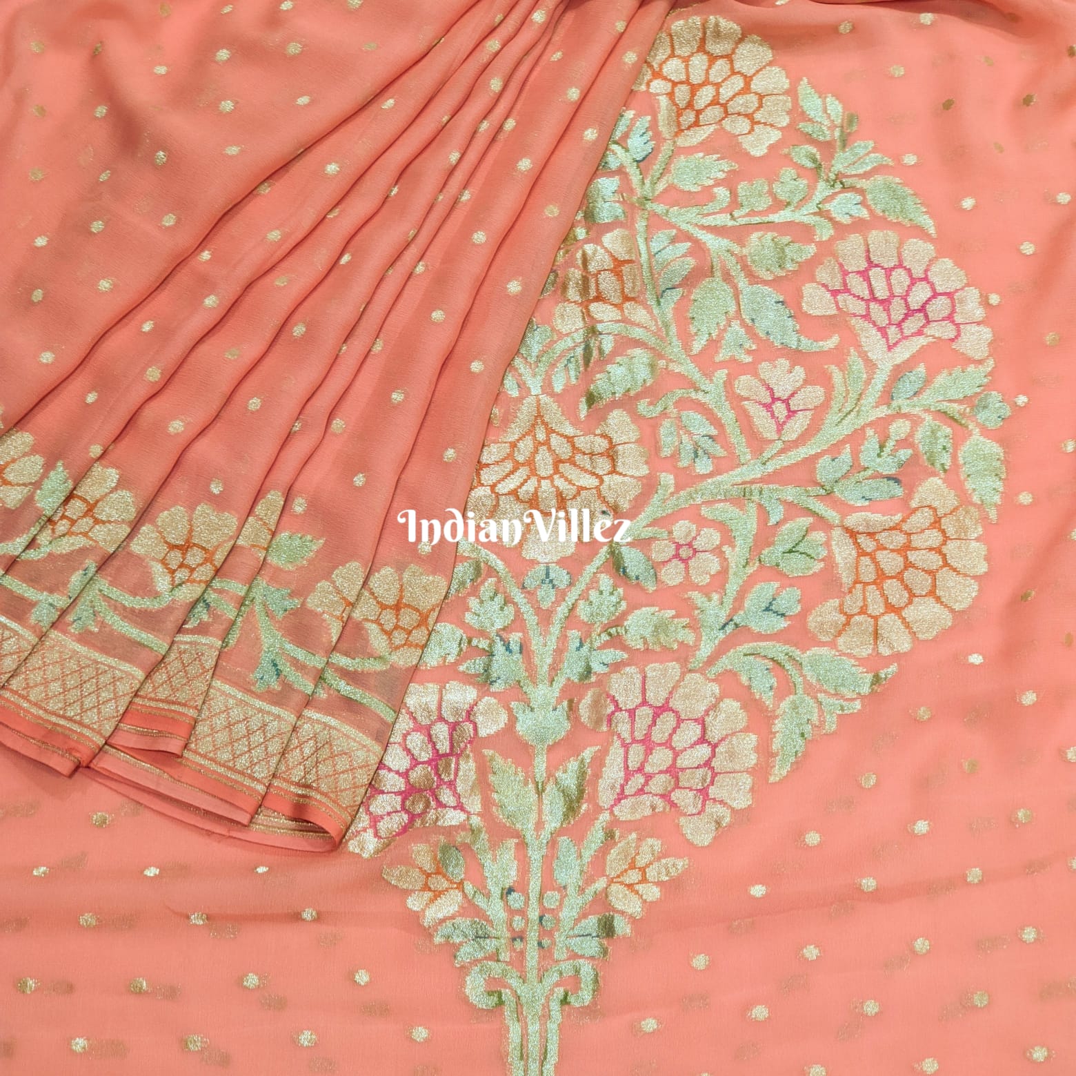 IndianVillèz Peach Banarasi Khaddi Georgette Saree