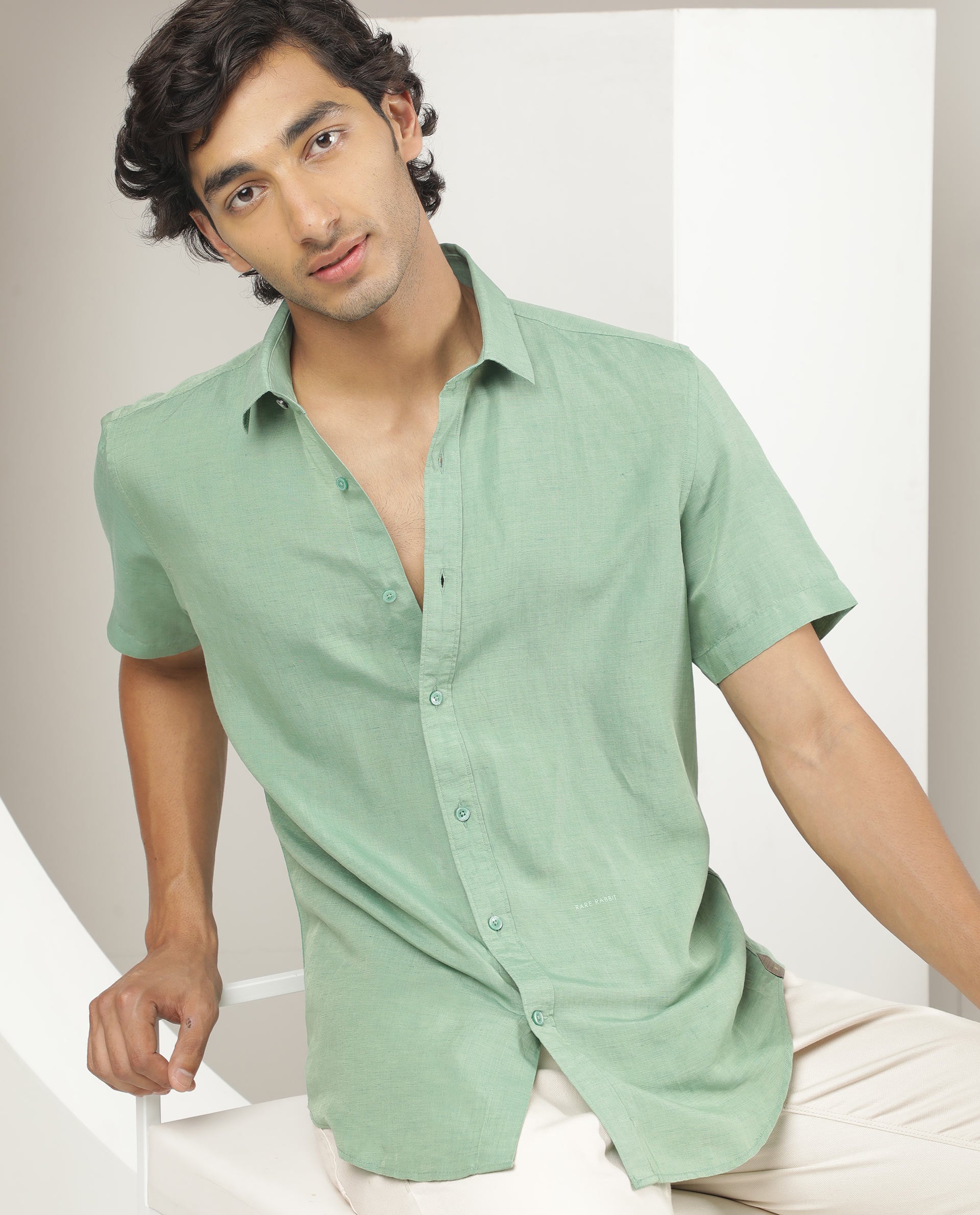 Rare Rabbit Men's Mik Light Green Modal Linen Fabric Half Sleeves Solid Shirt