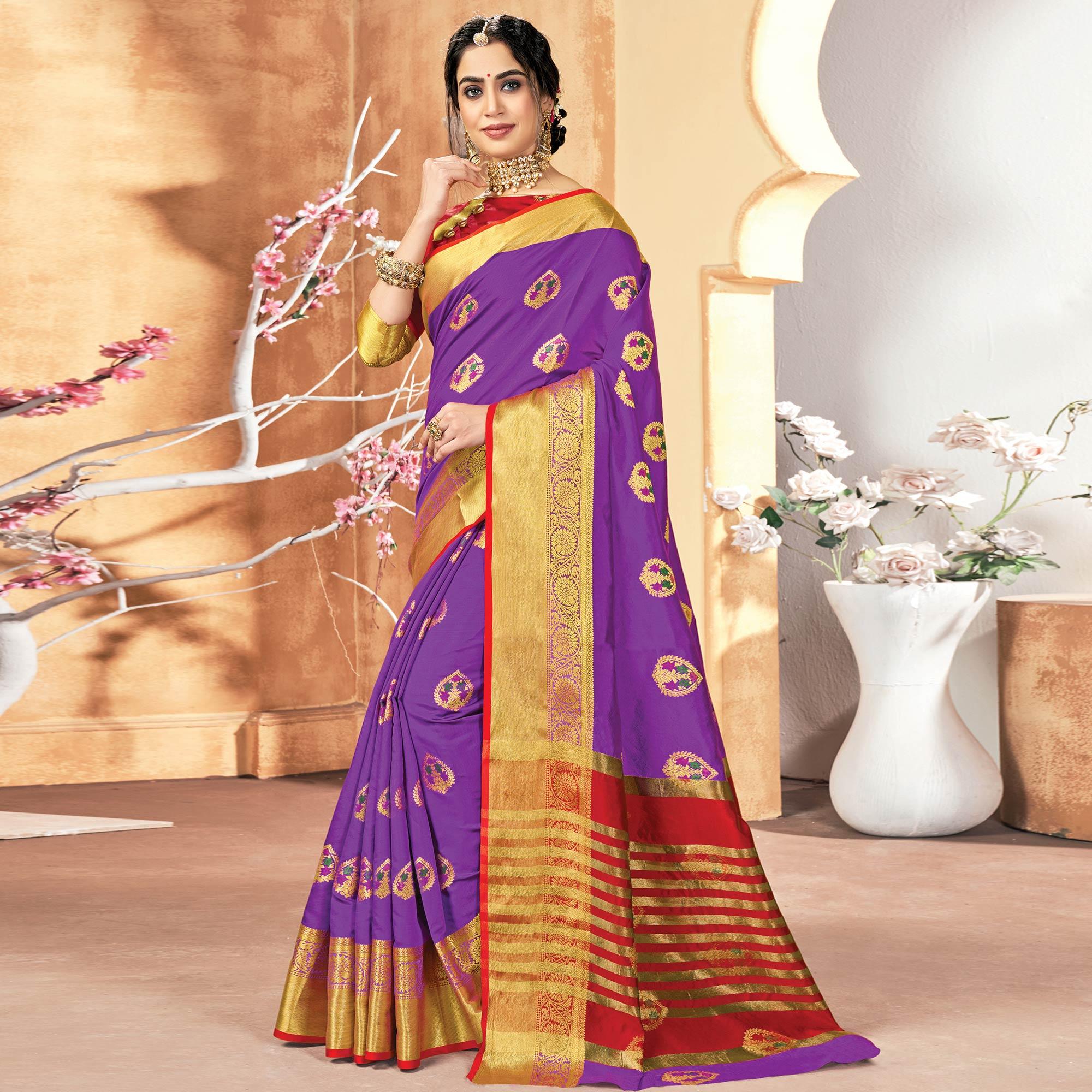 Peachmode Captivating Violet Colored Festive Wear Woven Silk Saree