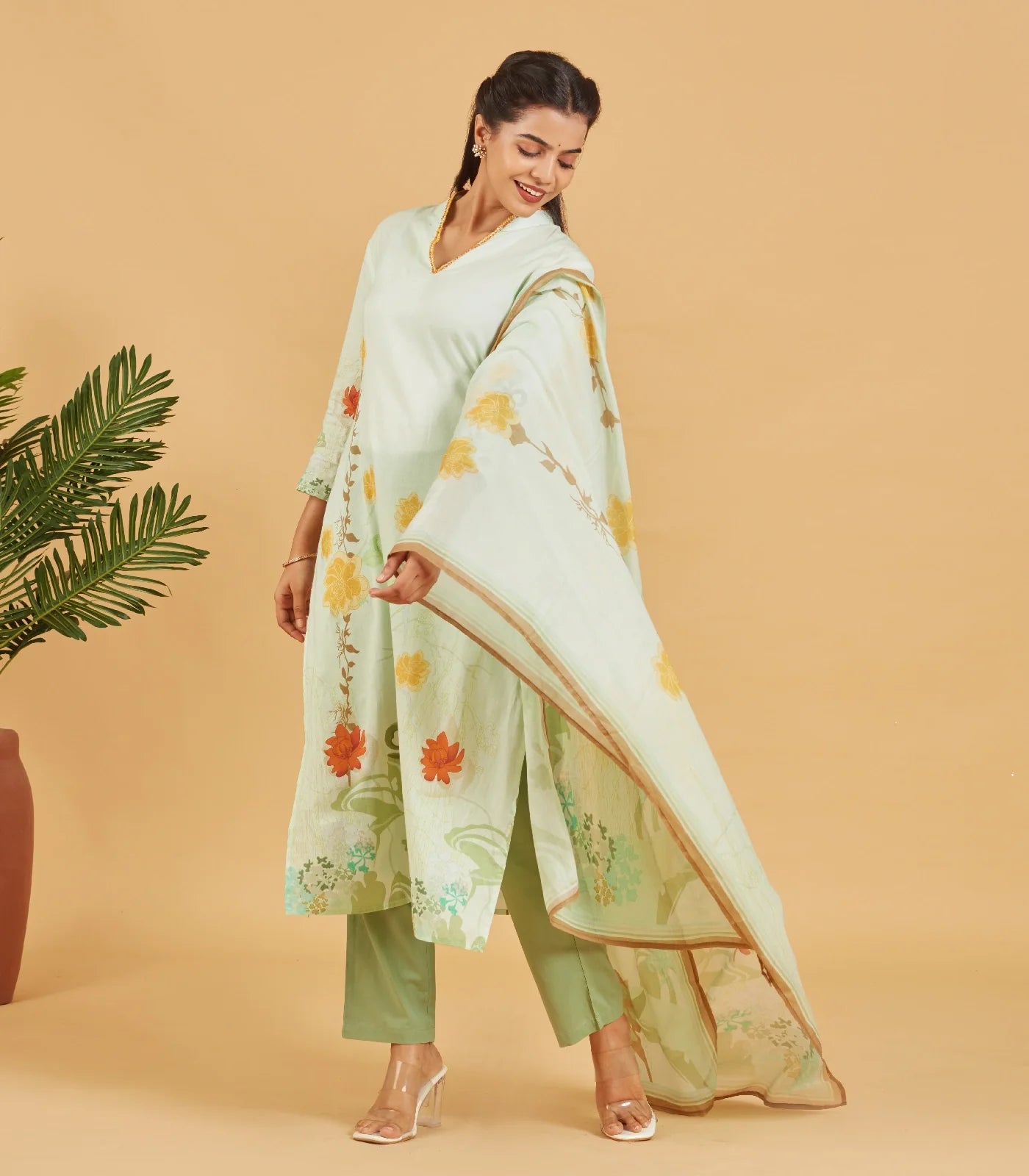 RmKV Pastel Green Kurta Set With Printed Dupatta