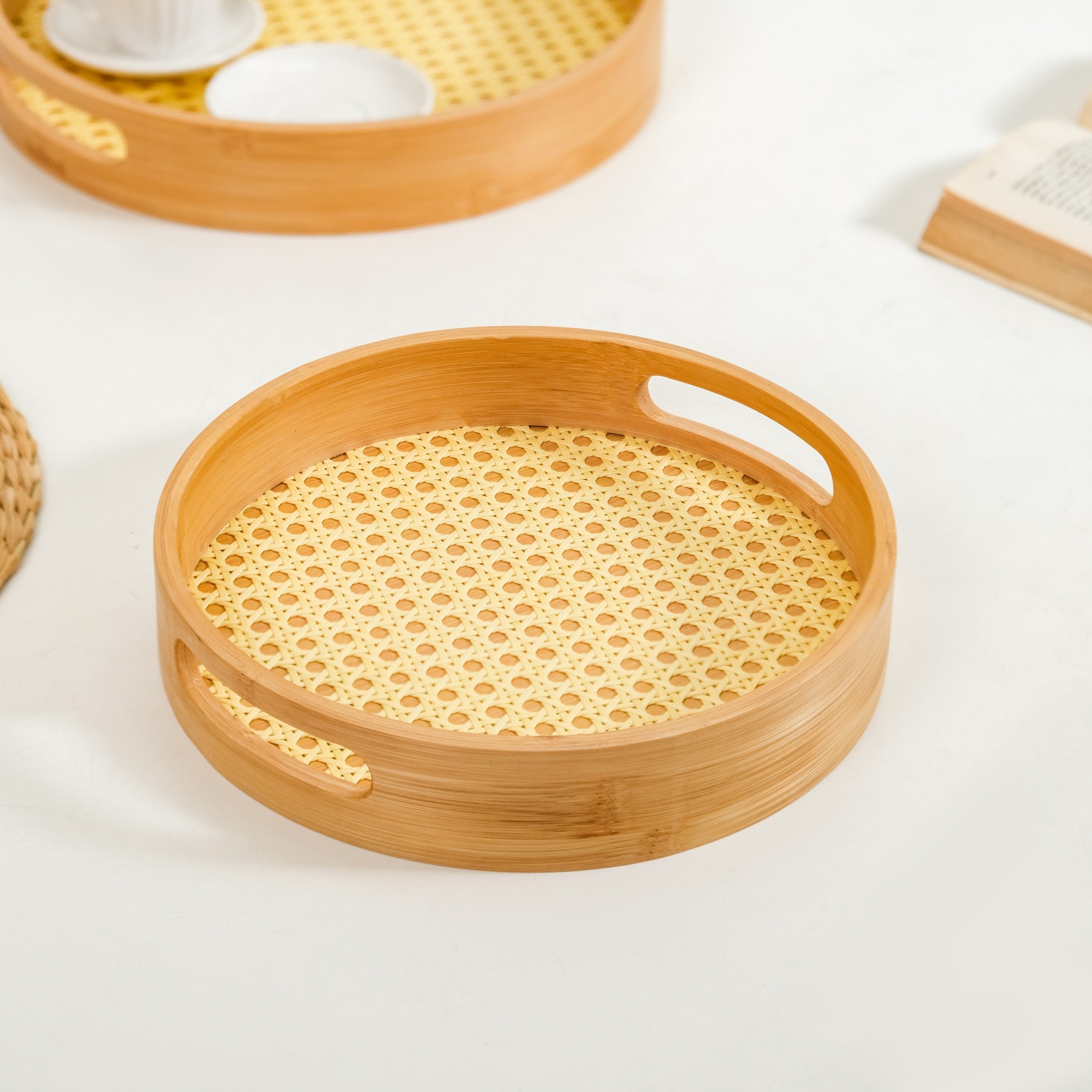 Nestasia Set Of 2 Rattan Weave Round Wooden Trays - view 3