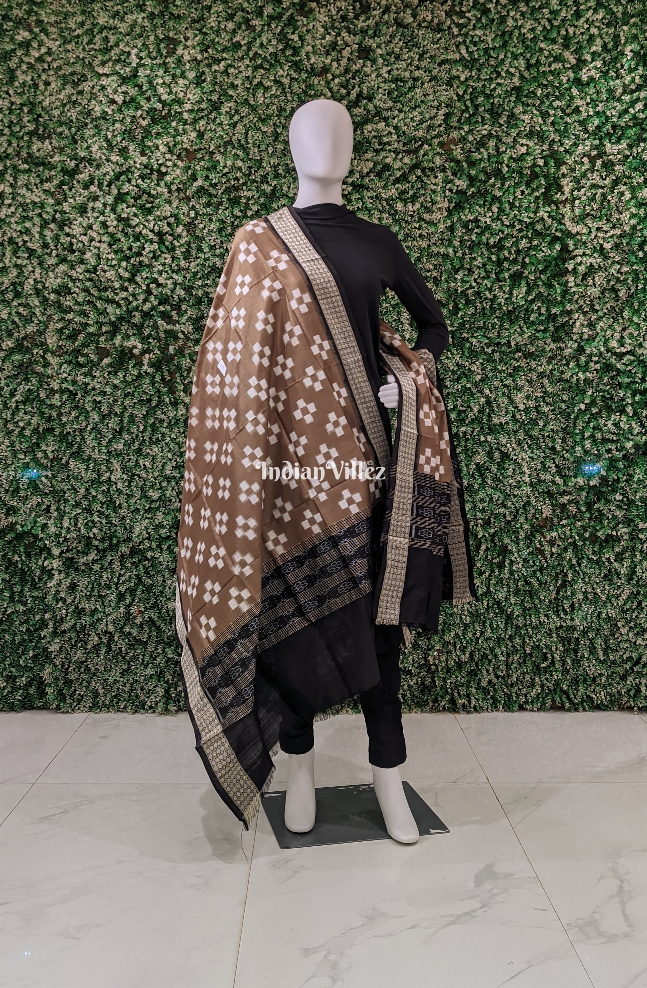 IndianVillèz Brown Gray Pasapali Theme Pure Sambalpuri Silk Dupatta
