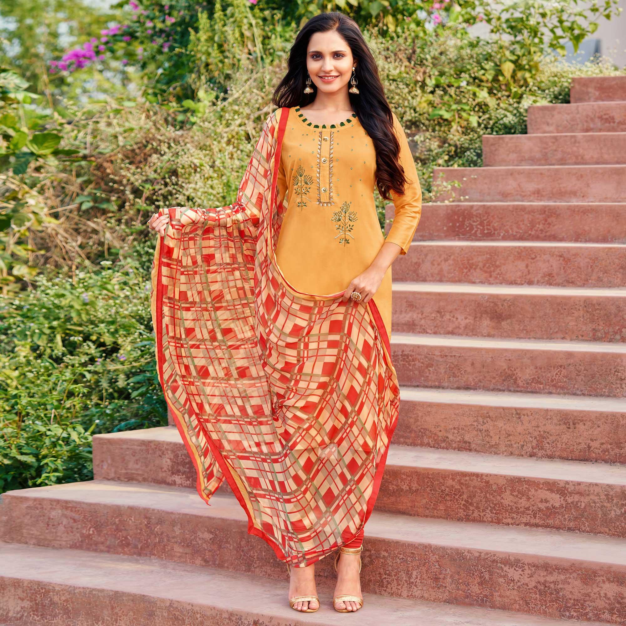 Peachmode Intricate Light Orange Colored Partywear Embroidered Modal Cotton Dress Material