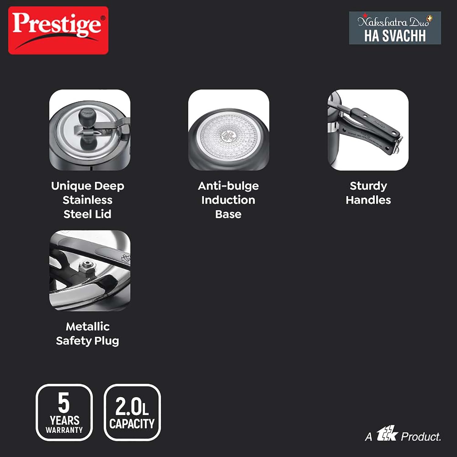 Prestige Nakshatra Duo Plus Svachh Hard Anodised Aluminium Pressure Cooker | Induction Compatible | Black - view 4