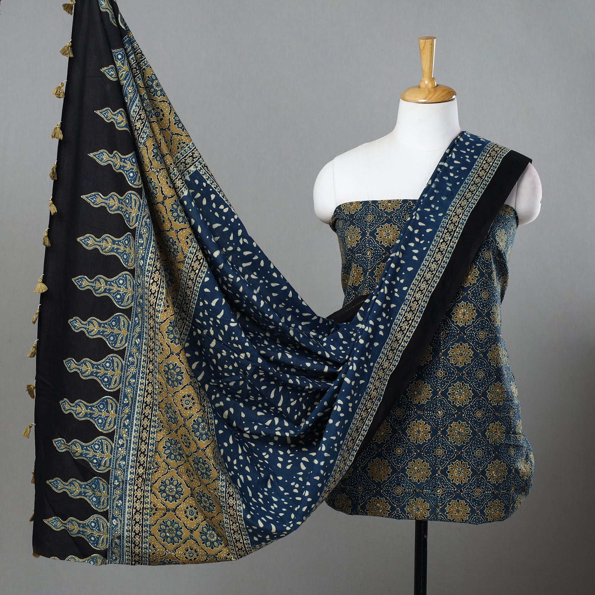 AJRAKH BY SUFIYAN ISMAIL KHATRI Blue - Hand Block Print Cotton 3pc Ajrakh Dress Material 19