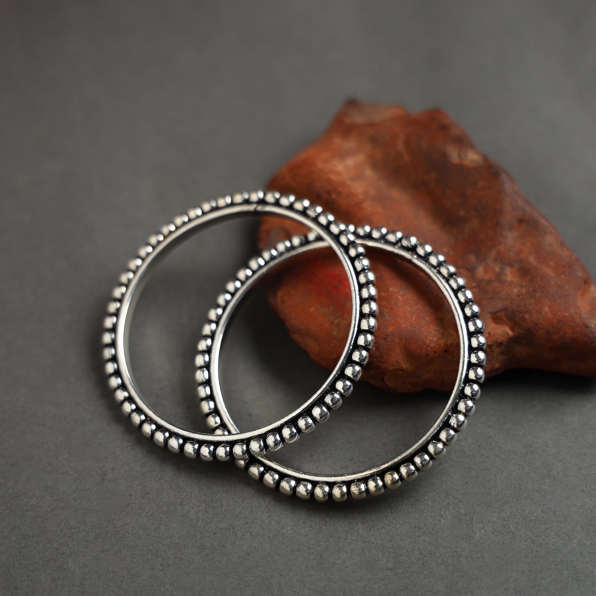 WHITE RIVER STORIES Antique Finish Oxidised White Metal Bangle (Set of 2) 08