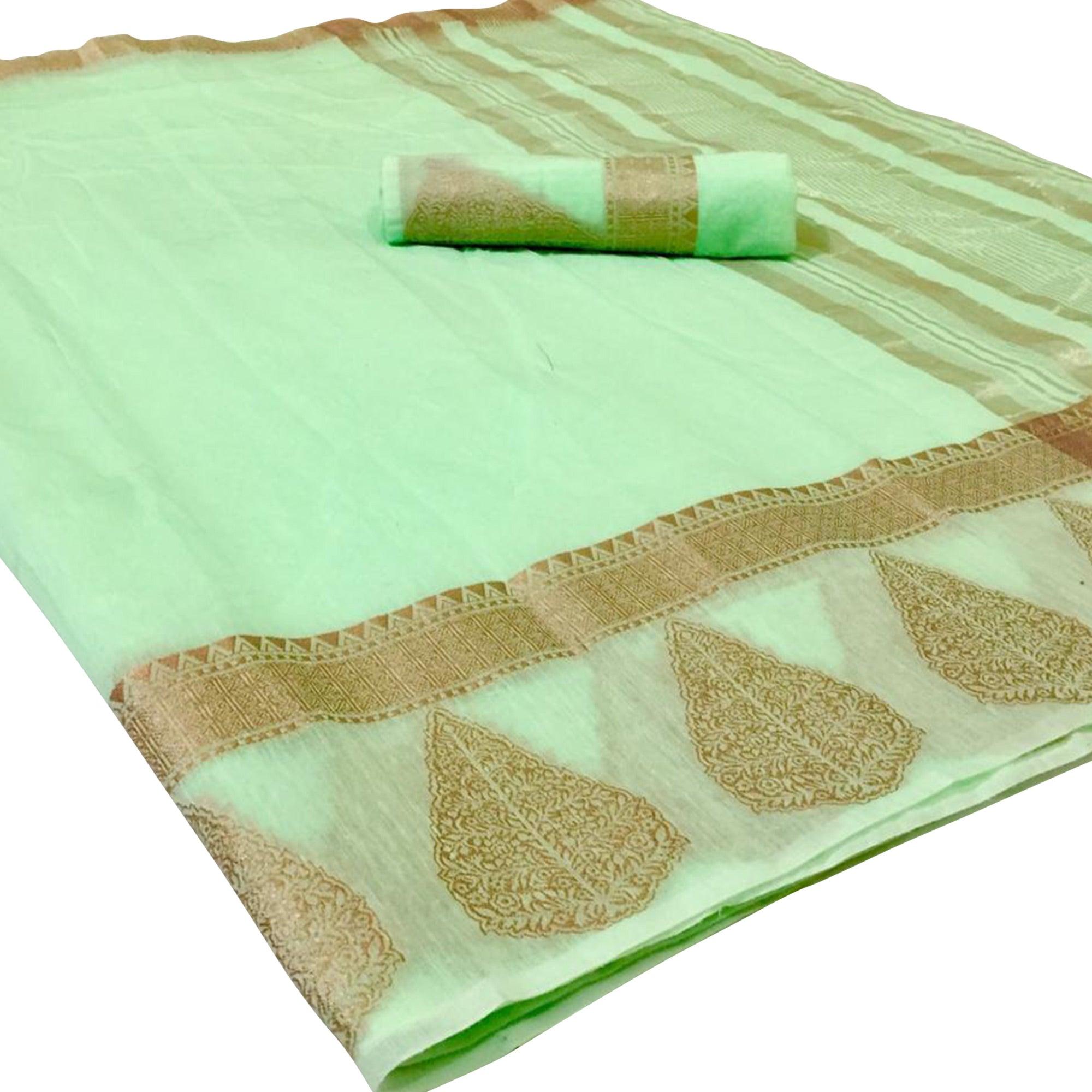 Peachmode Glowing Light Green Colored Festive Wear Woven Linen Saree