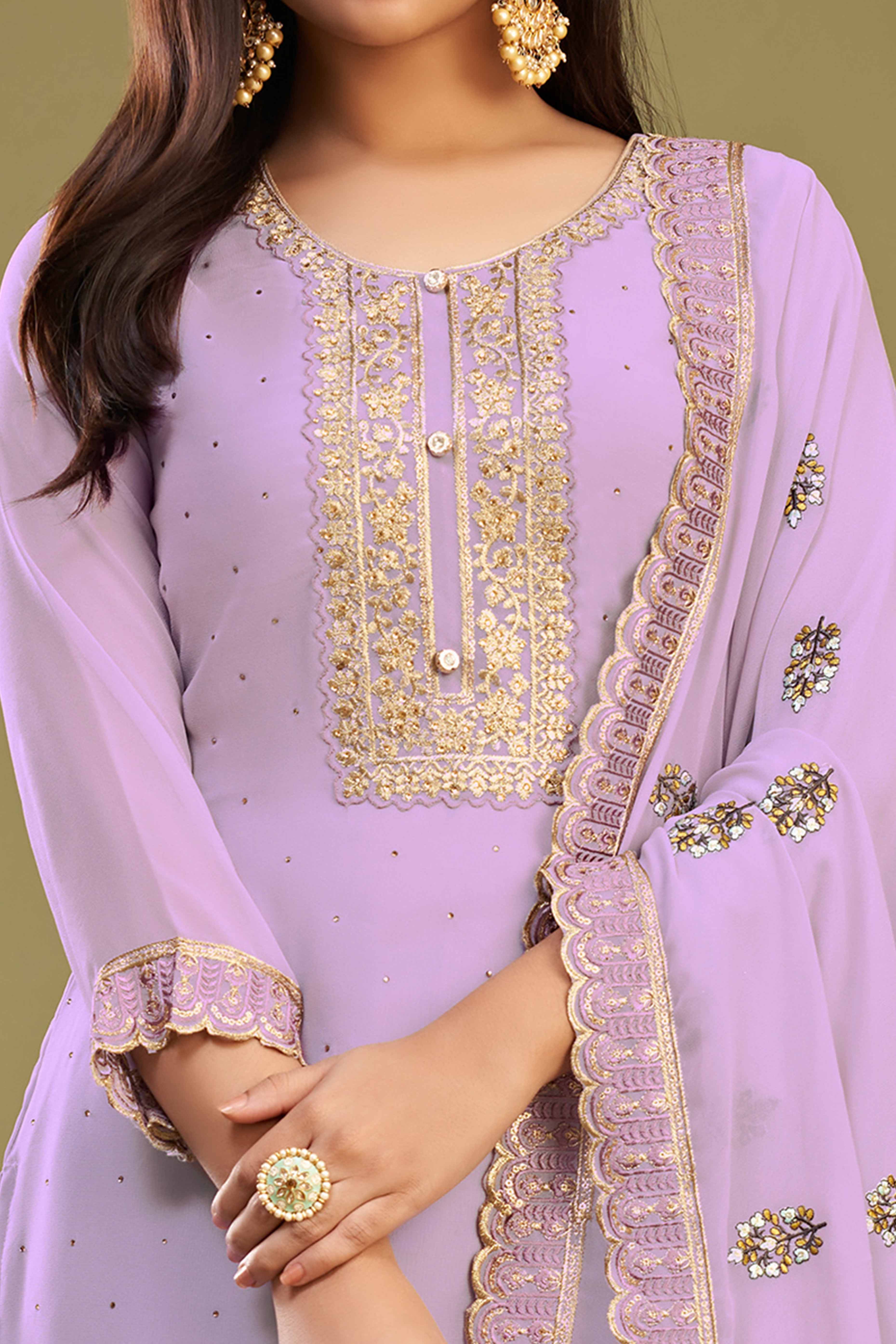 Peachmode Seller Lavender Floral Embroidery With Swarovski Work Georgette Semi Stitched Suit - view 2
