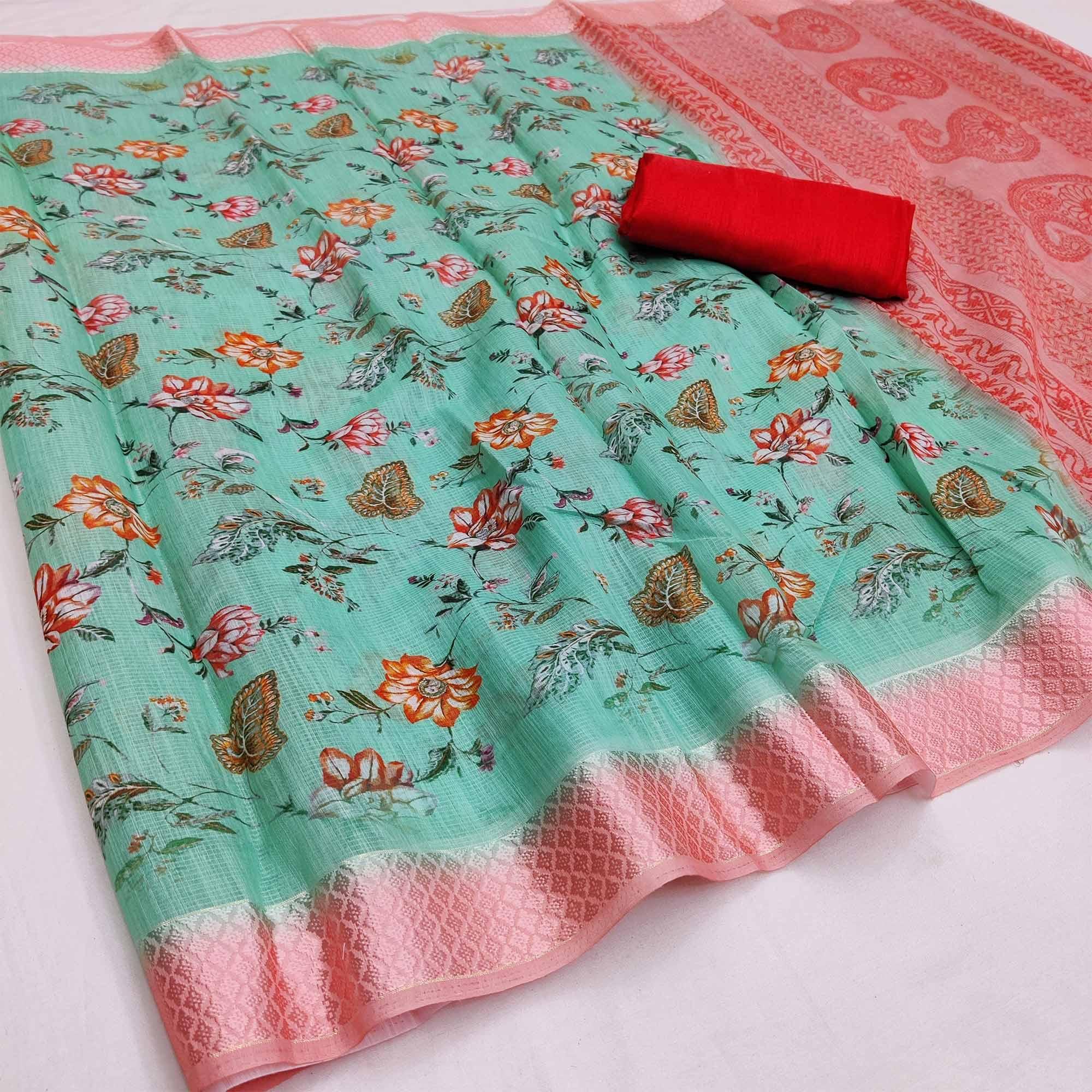 Peachmode Blue-Peach Festive Wear Floral Digital Printed With Woven Border Soft Cotton Saree