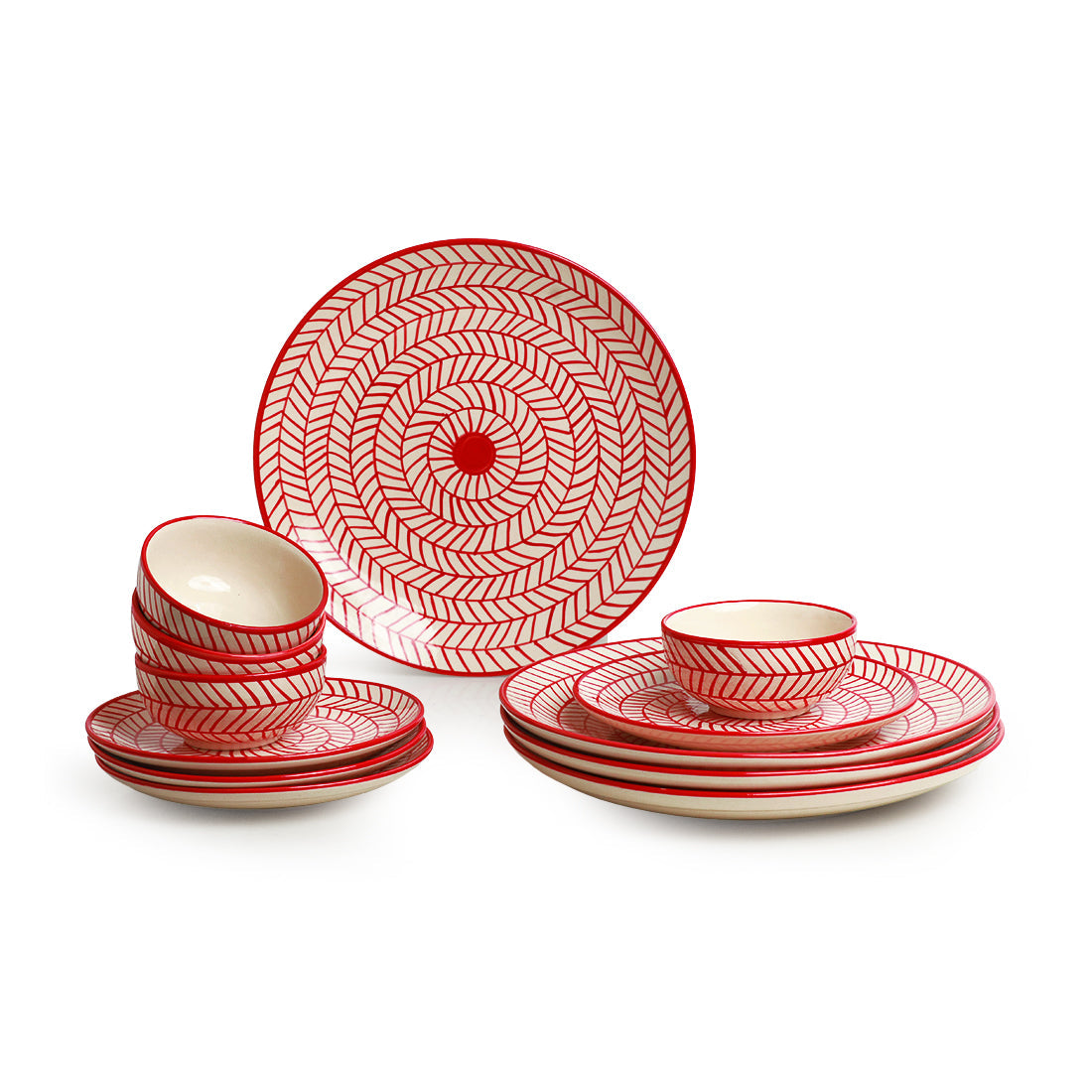 EXCLUSIVELANE 'Red Chevrons' Handpainted Ceramic Dinner Plates, Side/Quarter Plates & Dinner Katoris (12 Pieces, Serving for 4, Microwave Safe) - view 2