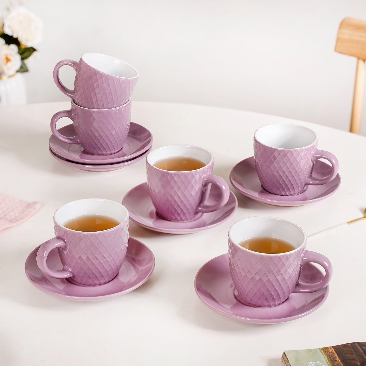 Nestasia Purple Ceramic Tara Tea Cup Set Of 6 With Saucer 225ml