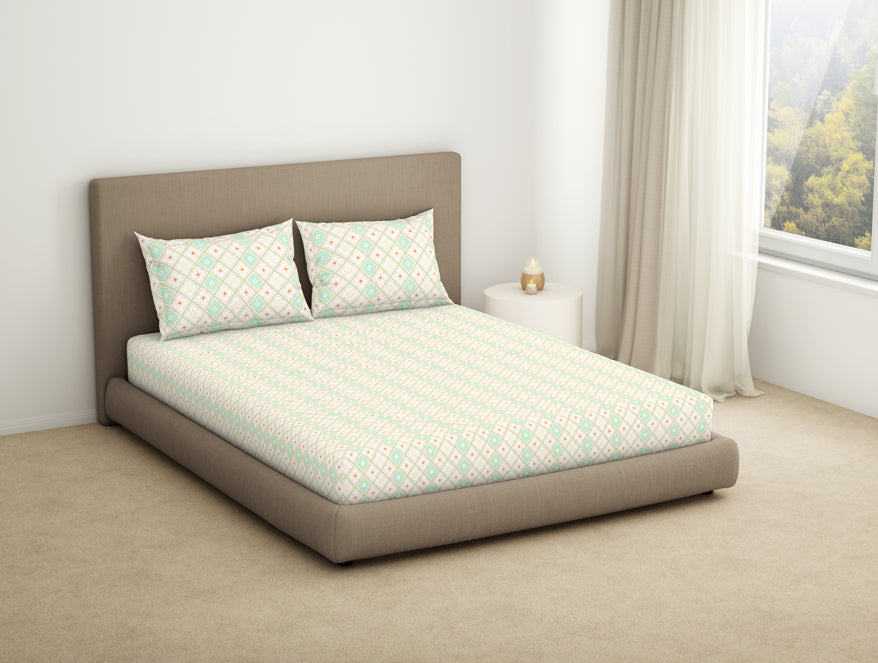 Spaces India Geometric Brook Green - Light Aqua 100% Cotton King Fitted Sheet - Dainty By Spaces-1065831 - view 2