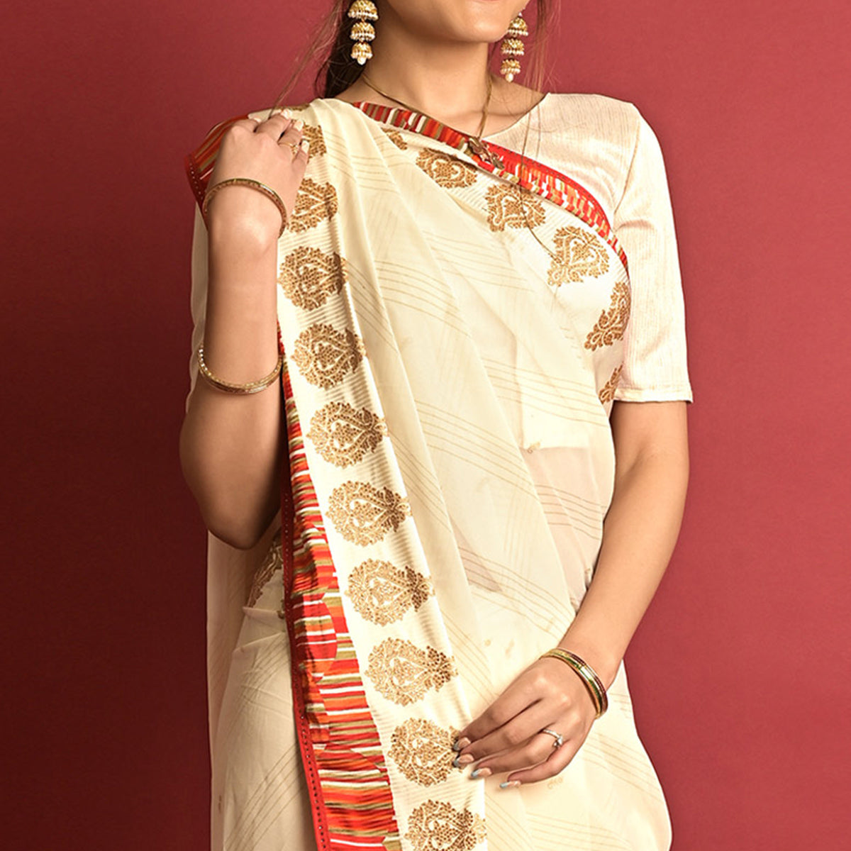 Peachmode Cream Printed Georgette Saree – Women's - view 3