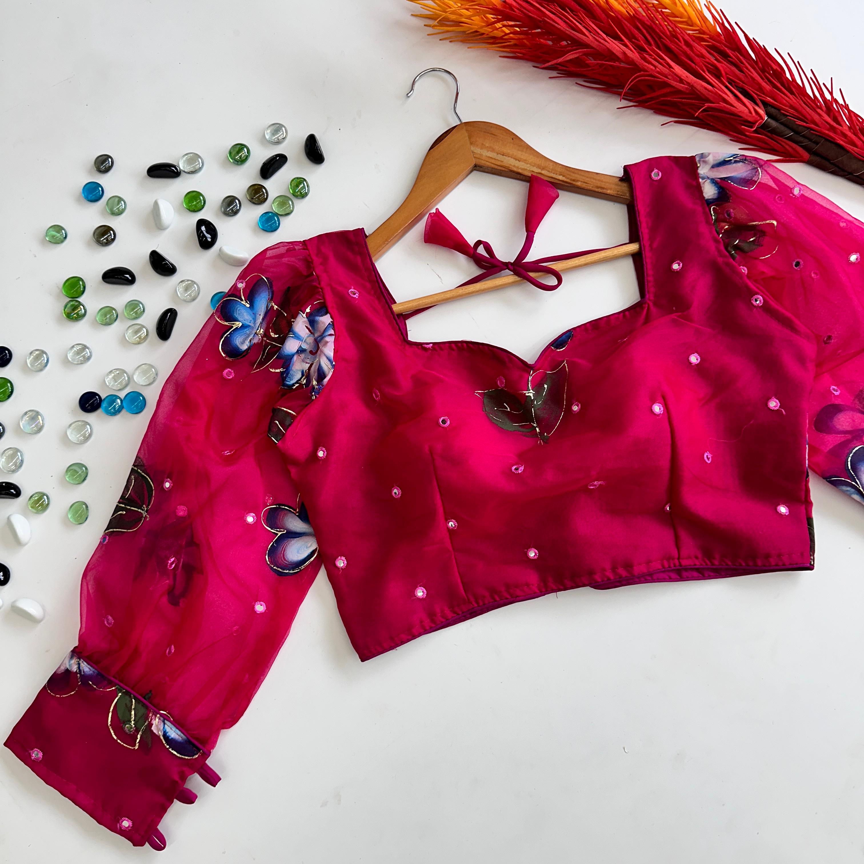 ClothsVilla Pink Hand-Painted Organza Silk Blouse with Embroidery Accents