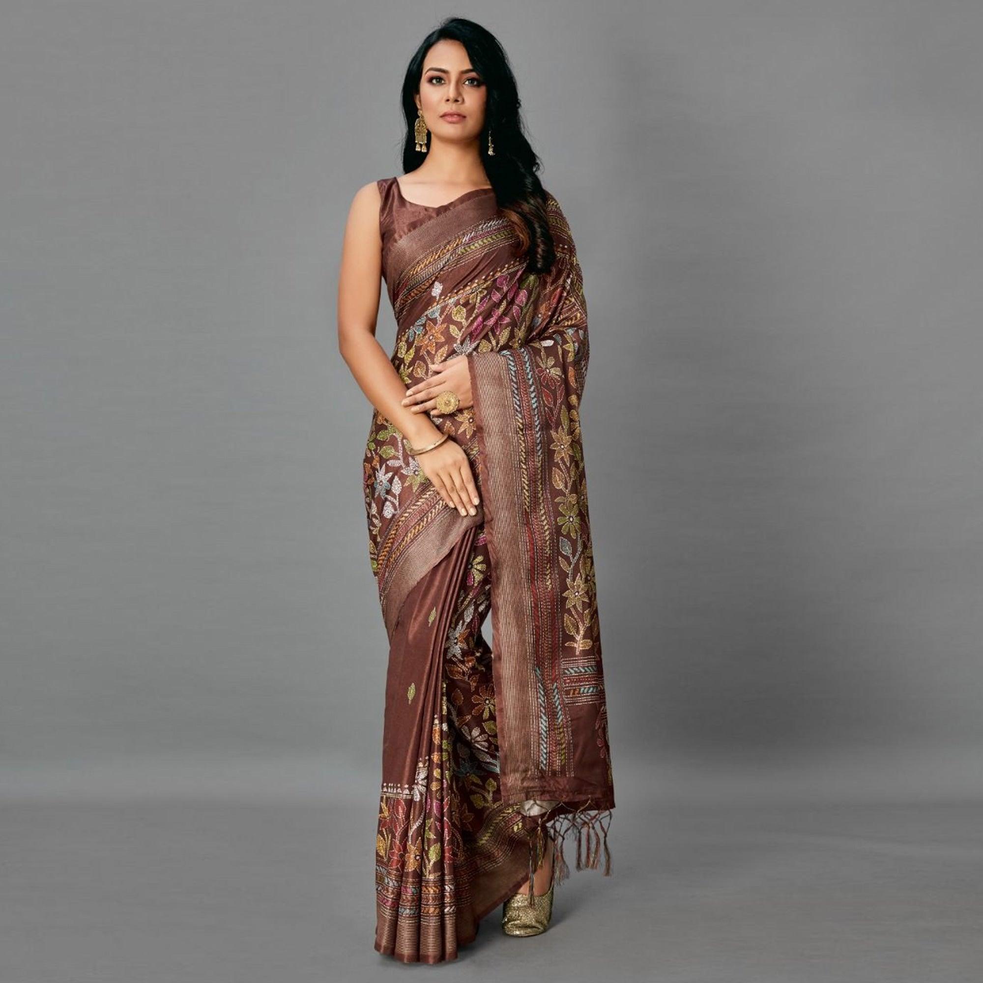 Peachmode Brown Casual Art Silk Printed Saree With Unstitched Blouse
