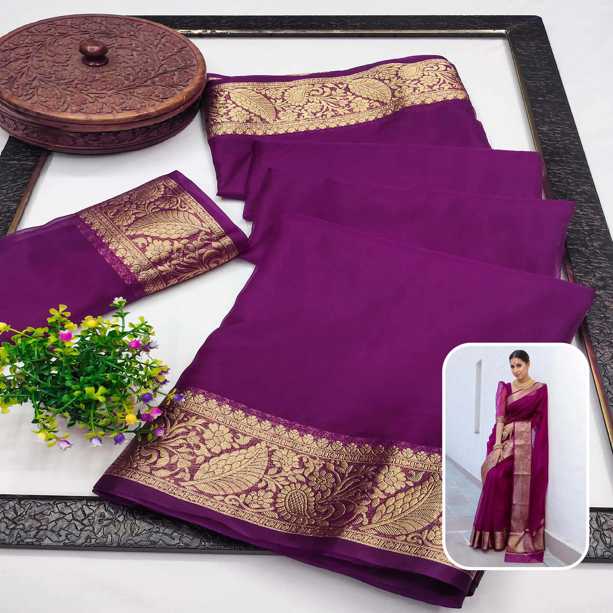 Peachmode Dark Purple Solid Organza Saree With Zari Border