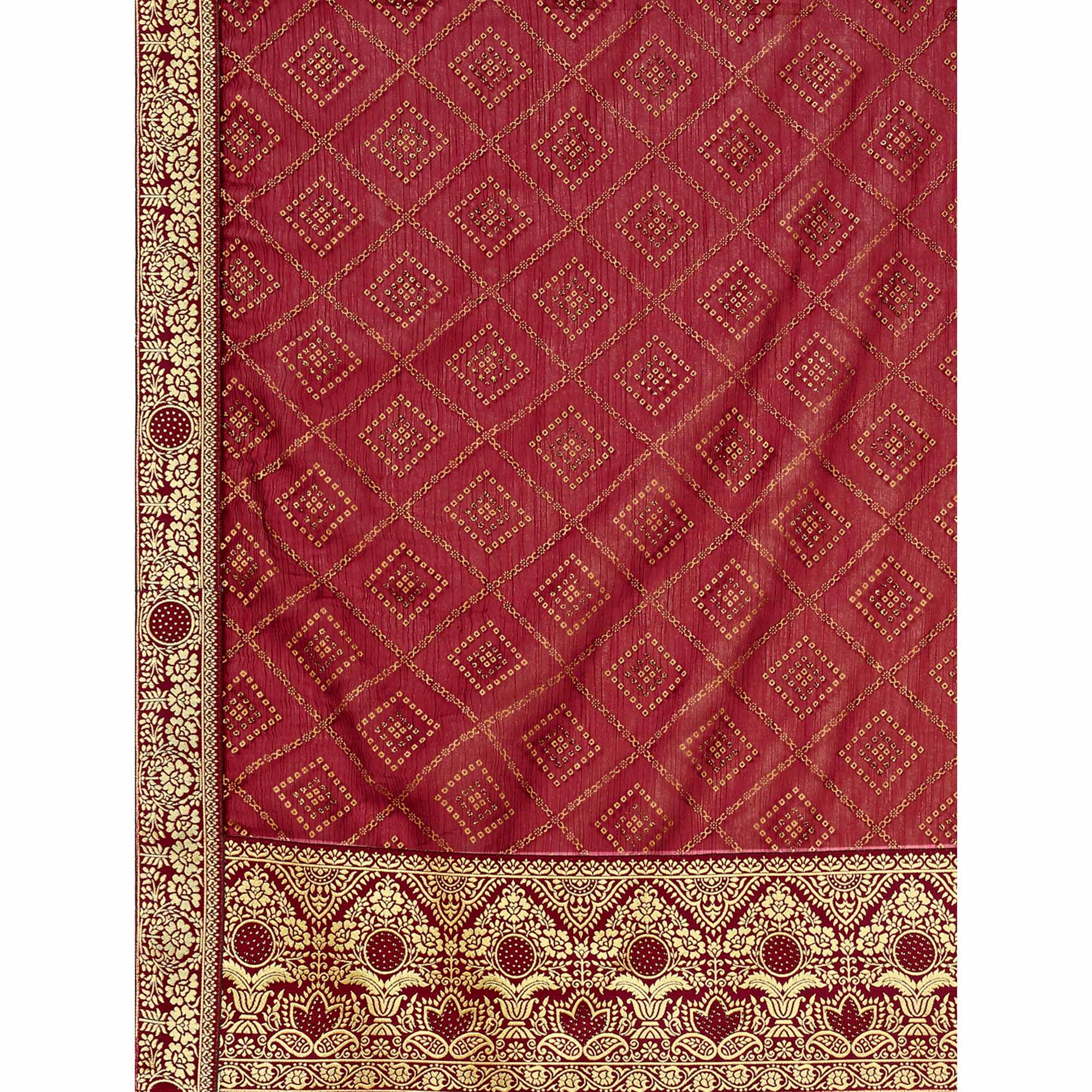 Peachmode Maroon Bandhani Foil Printed Chiffon Saree With Tassels - view 7