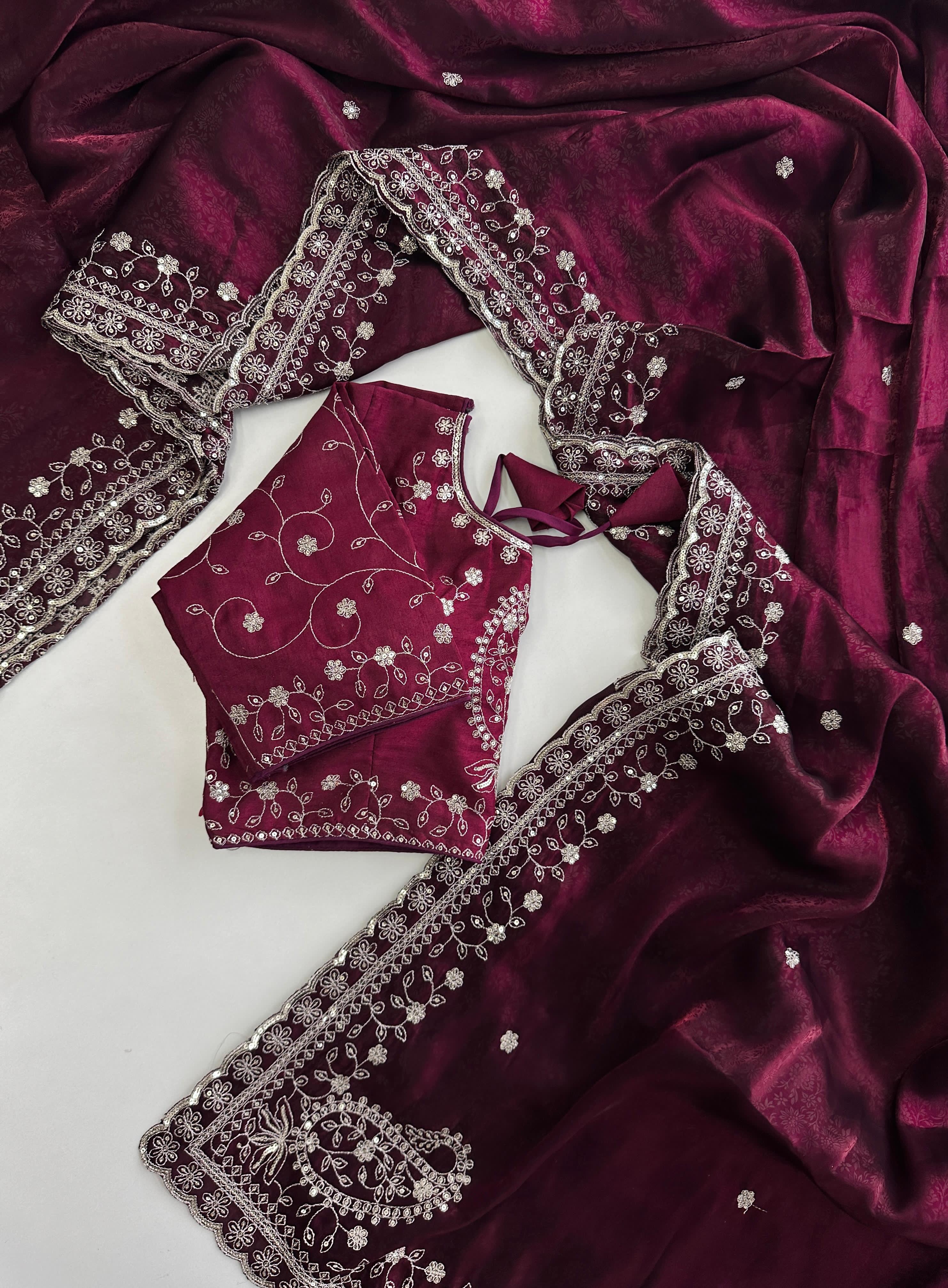 ClothsVilla Wine Soft Silk Saree with Elegant Rubber Weaving & Heavy Embroidery Work - view 2