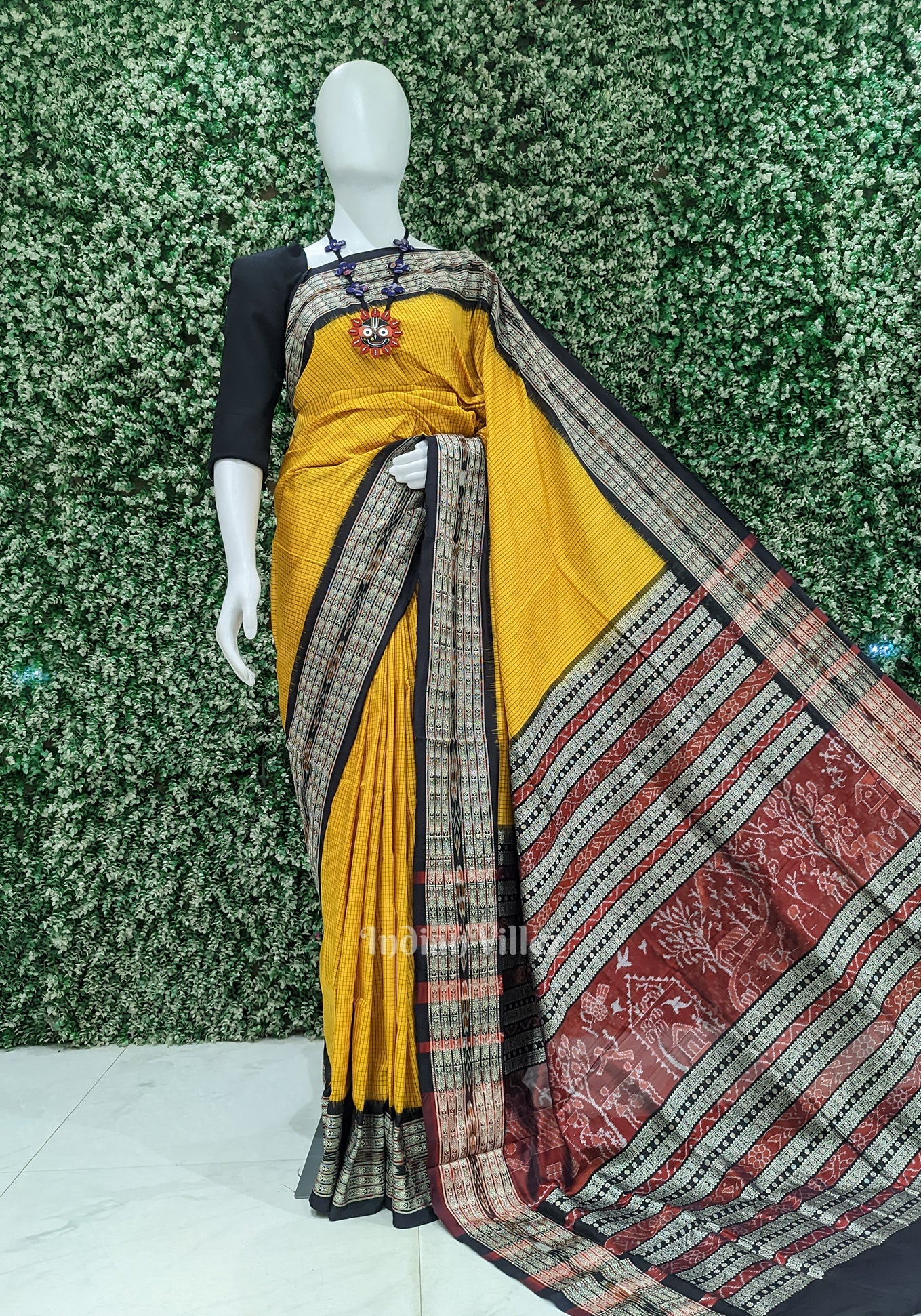 IndianVillèz Mustard Yellow Black Checks Sachipar Khandua Silk Saree